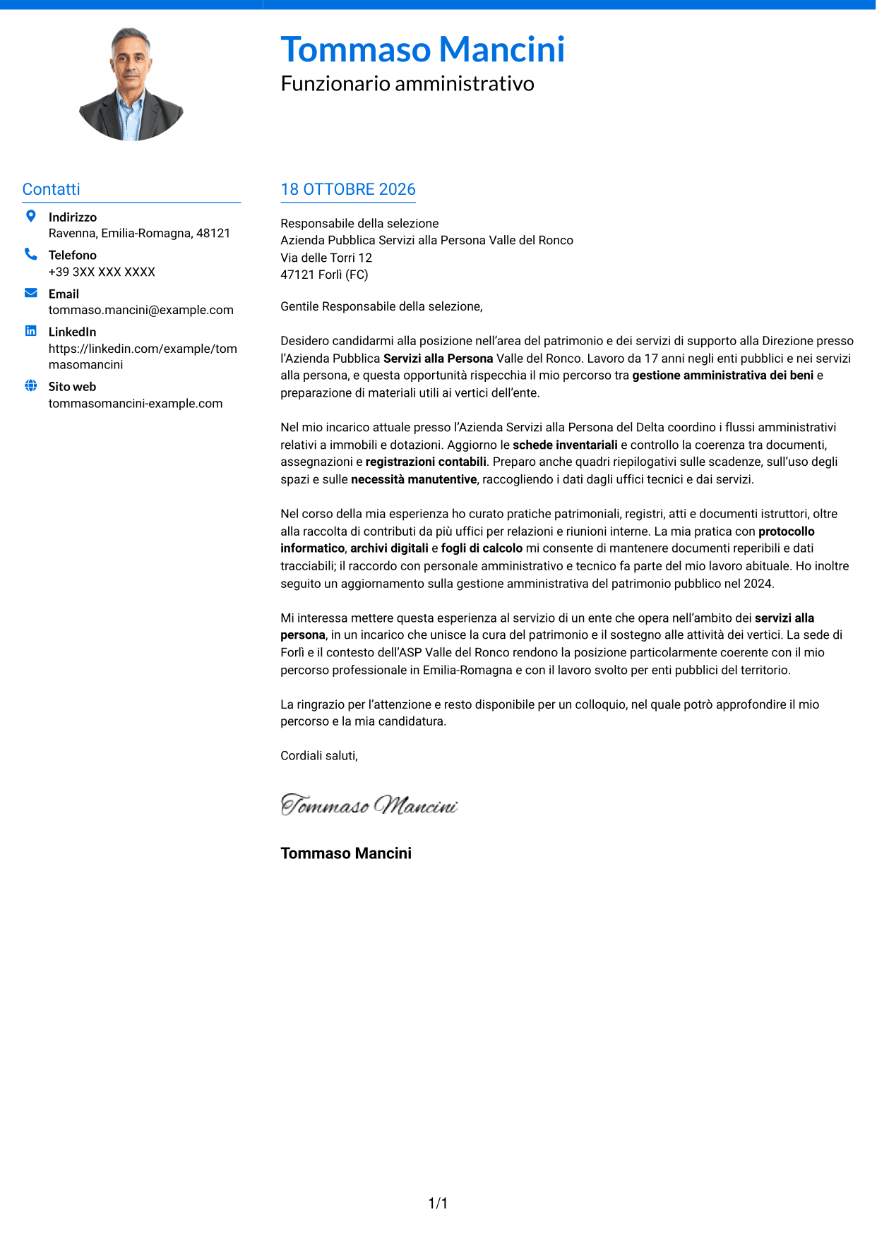 Lettera di presentazione Audace (formato a due colonne con accenti colorati e foto): Funzionario amministrativo - Patrimonio e supporto alla Direzione, pagina 1
