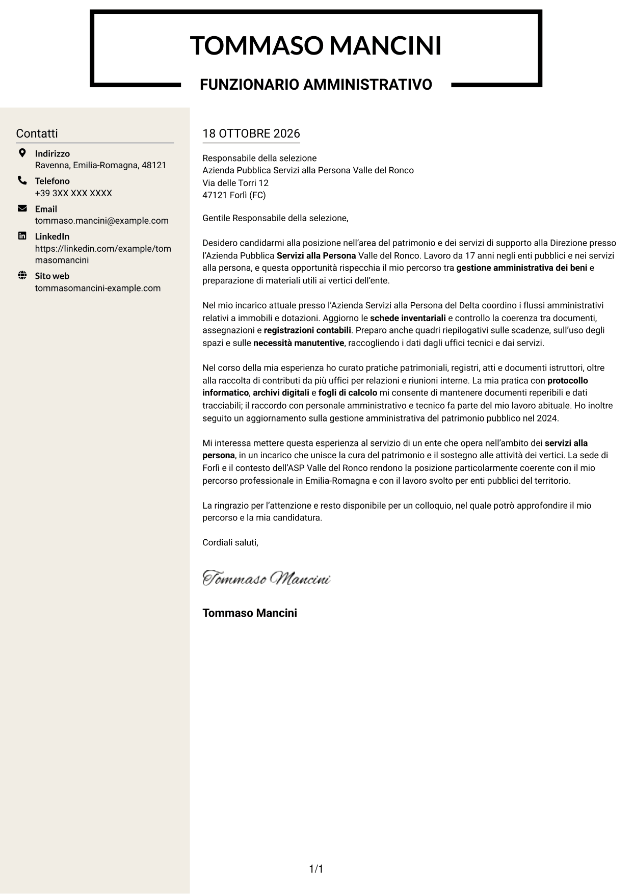 Lettera di presentazione Intraprendente (formato a due colonne con intestazione centrata senza foto): Funzionario amministrativo - Patrimonio e supporto alla Direzione, pagina 1