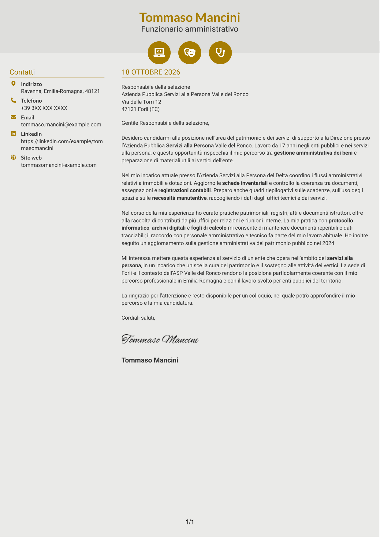 Lettera di presentazione Dinamico (formato a due colonne con icone): Funzionario amministrativo - Patrimonio e supporto alla Direzione, pagina 1