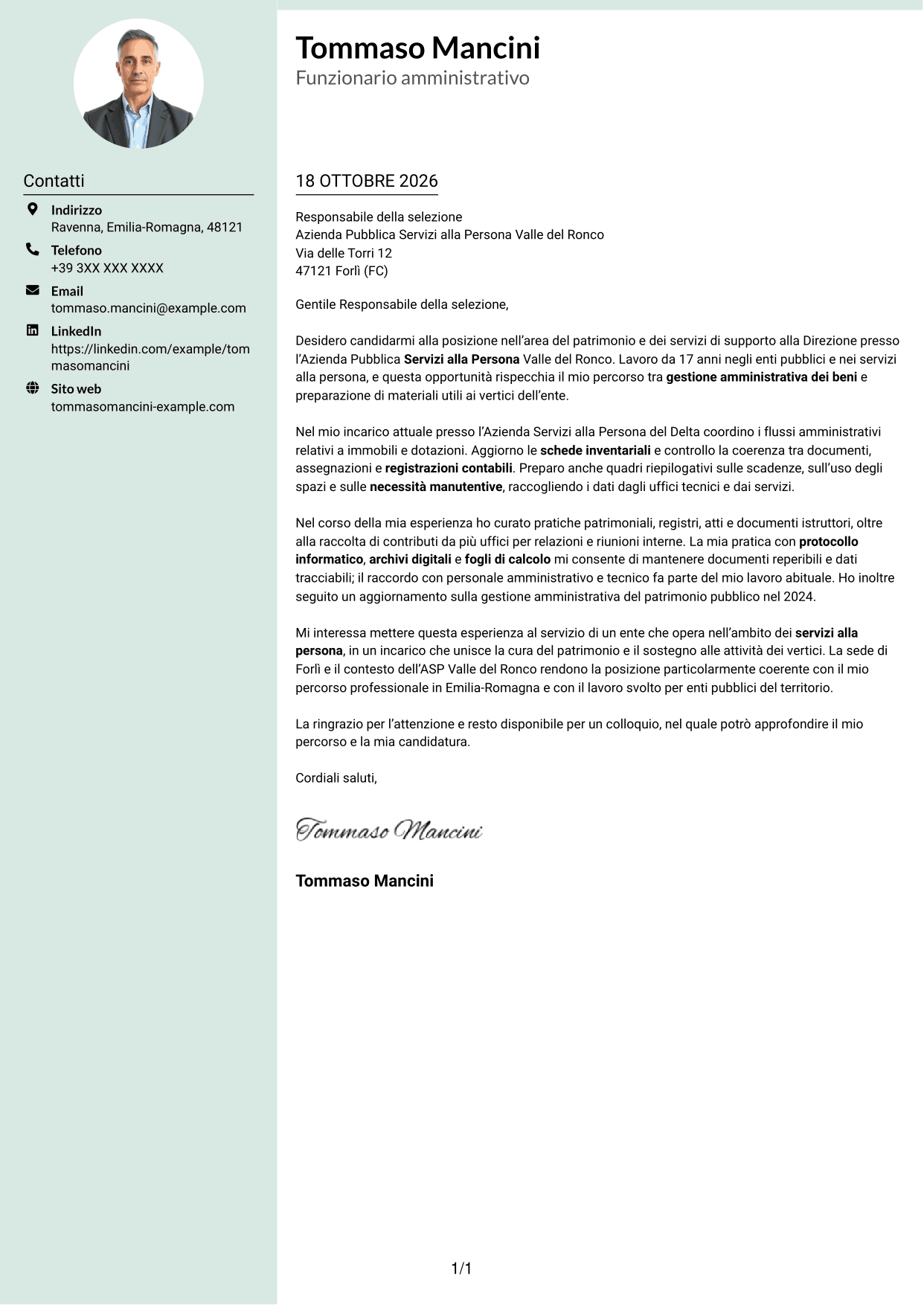 Lettera di presentazione Dirigente (formato con colonna laterale tenue e foto arrotondata): Funzionario amministrativo - Patrimonio e supporto alla Direzione, pagina 1