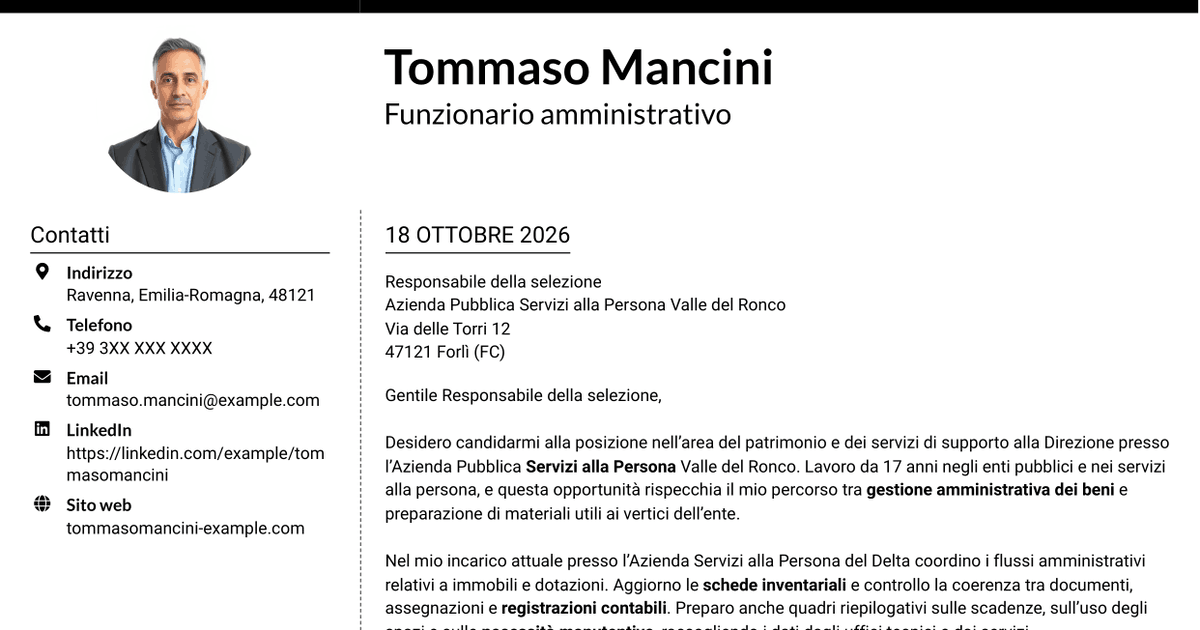 7 modelli di lettera di presentazione per Funzionario amministrativo - Patrimonio e supporto alla Direzione, con esempi