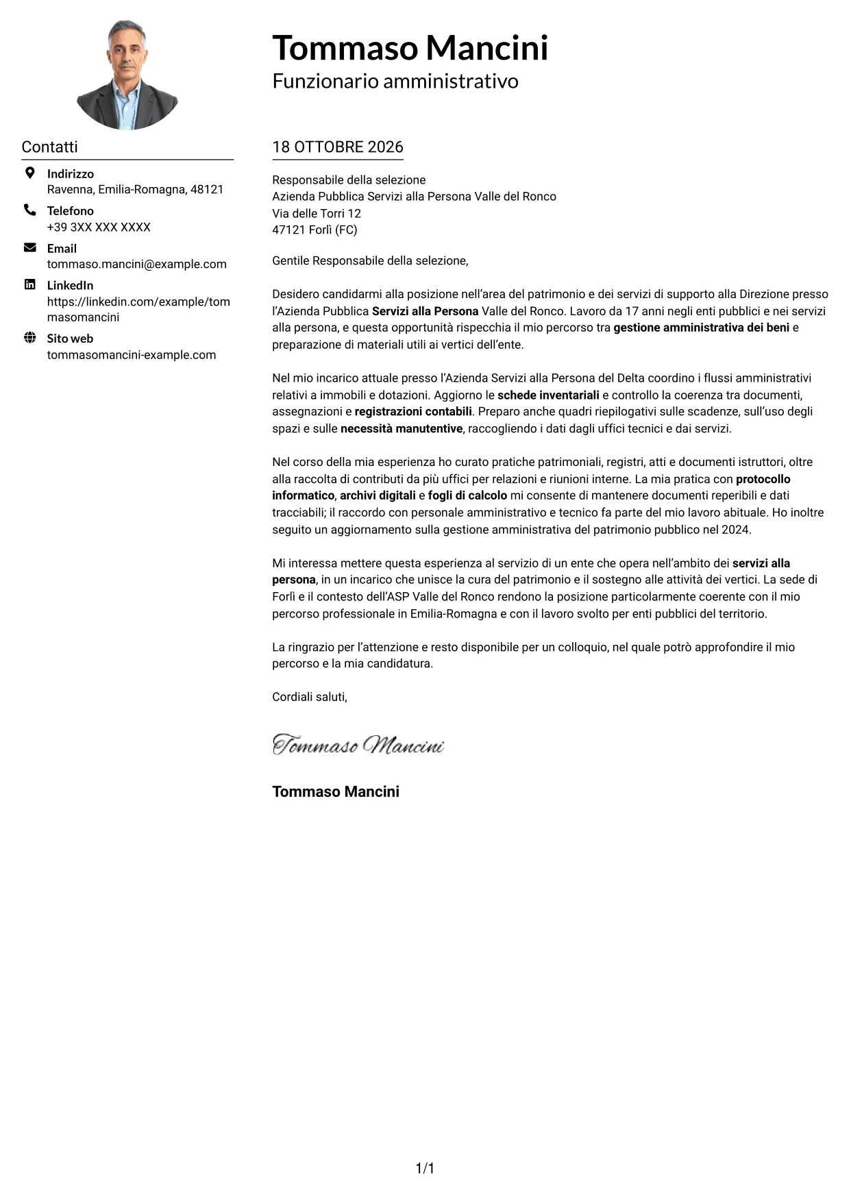 Esempio di lettera di presentazione — pagina 1