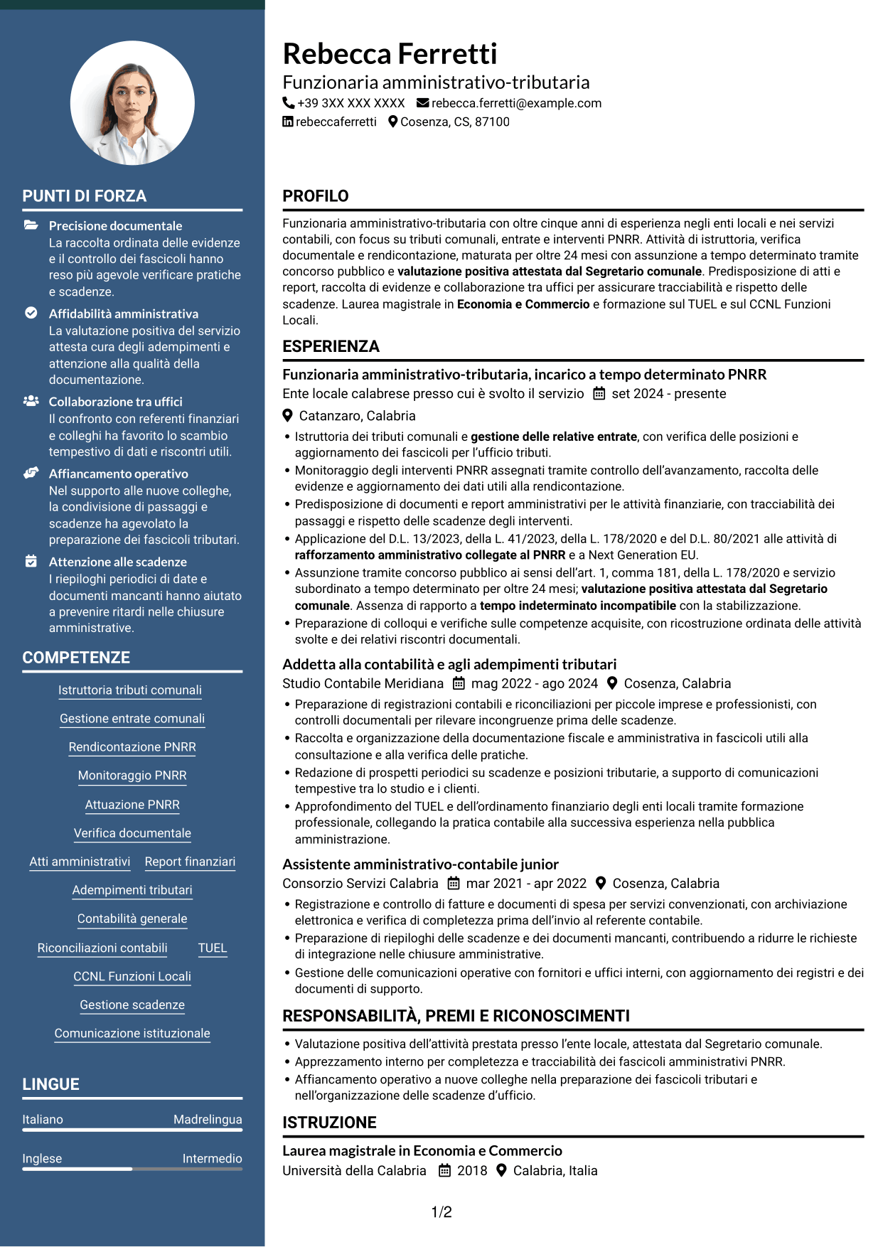 CV Elegante (formato con colonna laterale colorata e foto): Funzionario amministrativo-tributario - Tributi e gestione PNRR, pagina 1