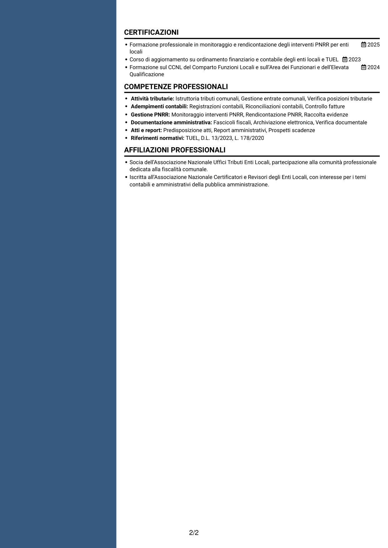 CV Elegante (formato con colonna laterale colorata e foto): Funzionario amministrativo-tributario - Tributi e gestione PNRR, pagina 2