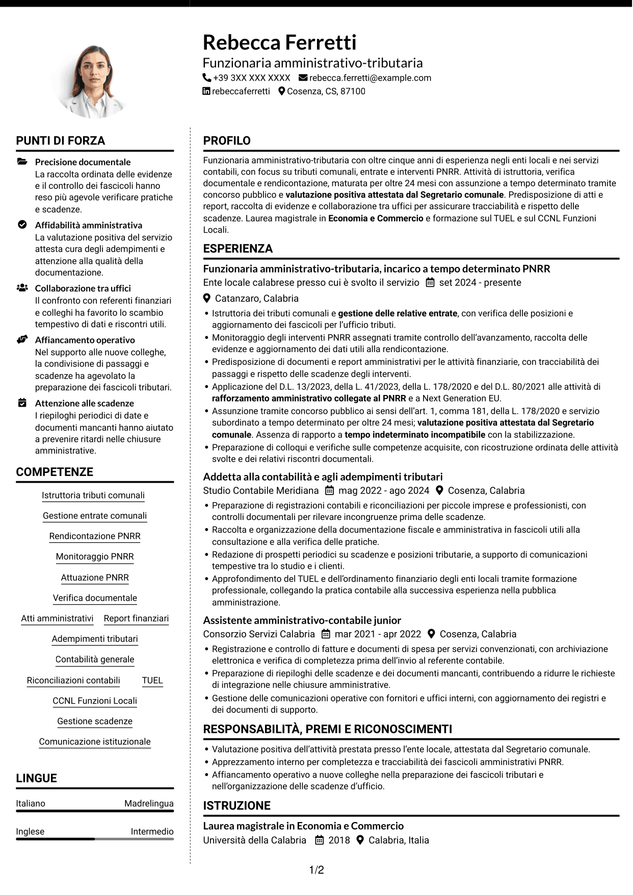 CV Moderno (formato a due colonne con foto a sinistra e separatore): Funzionario amministrativo-tributario - Tributi e gestione PNRR, pagina 1