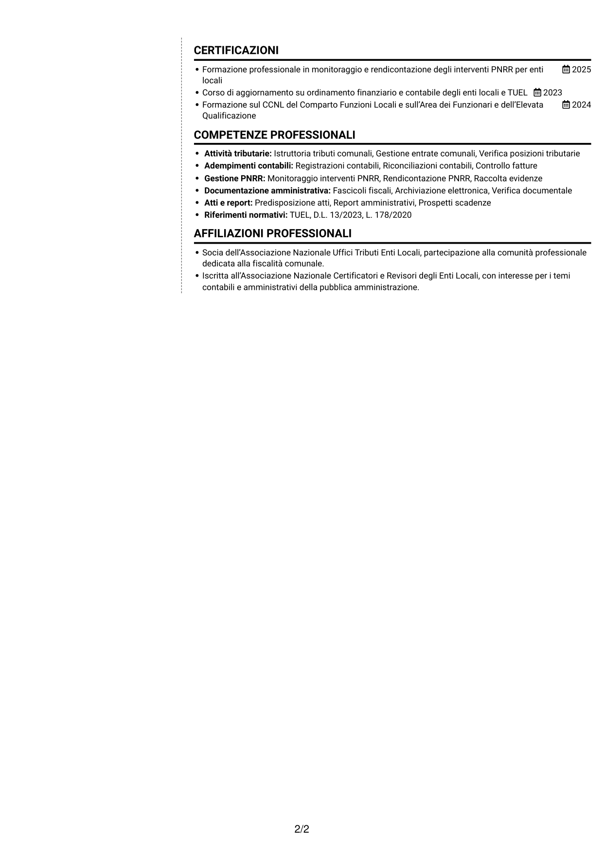 CV Moderno (formato a due colonne con foto a sinistra e separatore): Funzionario amministrativo-tributario - Tributi e gestione PNRR, pagina 2