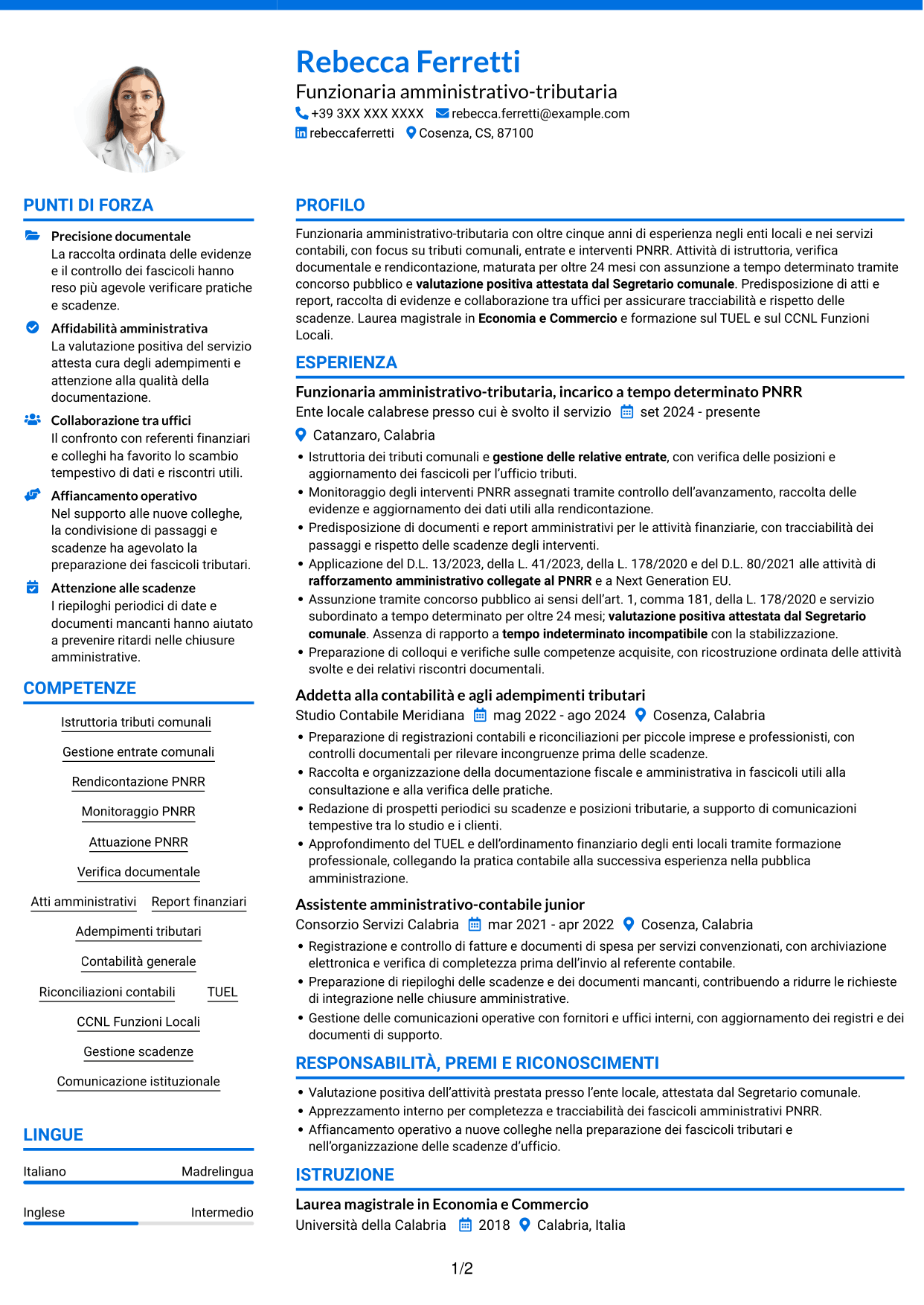 CV Audace (formato a due colonne con accenti colorati e foto): Funzionario amministrativo-tributario - Tributi e gestione PNRR, pagina 1