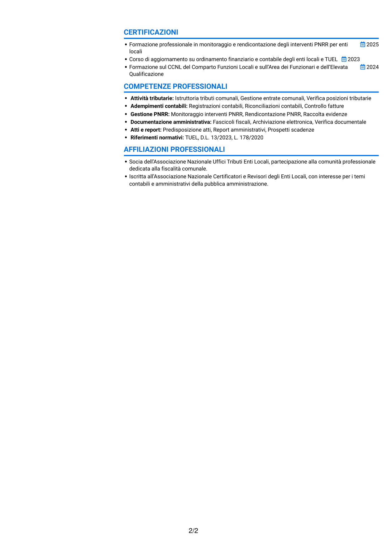 CV Audace (formato a due colonne con accenti colorati e foto): Funzionario amministrativo-tributario - Tributi e gestione PNRR, pagina 2