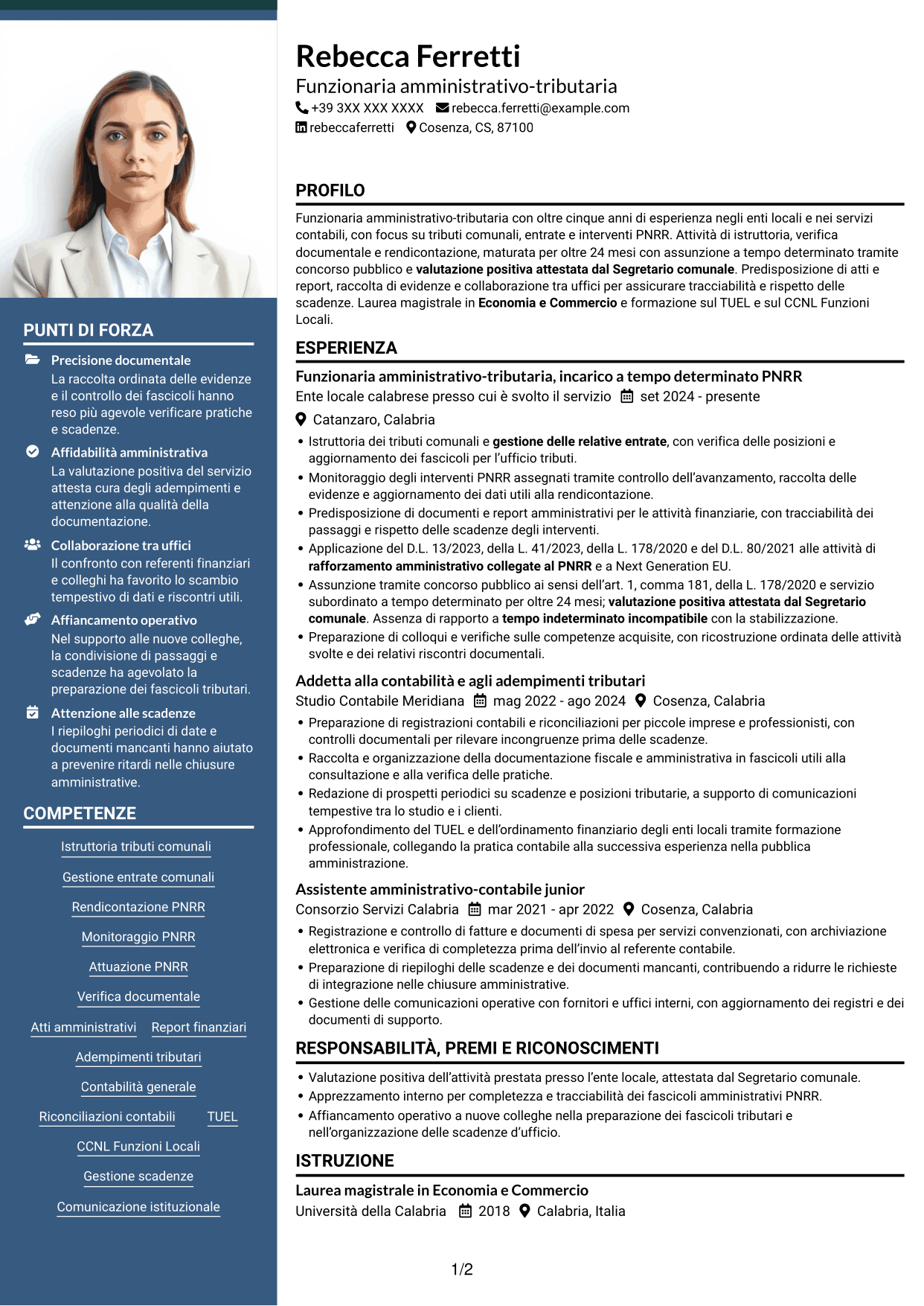 CV Signature (formato con colonna laterale colorata e foto grande): Funzionario amministrativo-tributario - Tributi e gestione PNRR, pagina 1