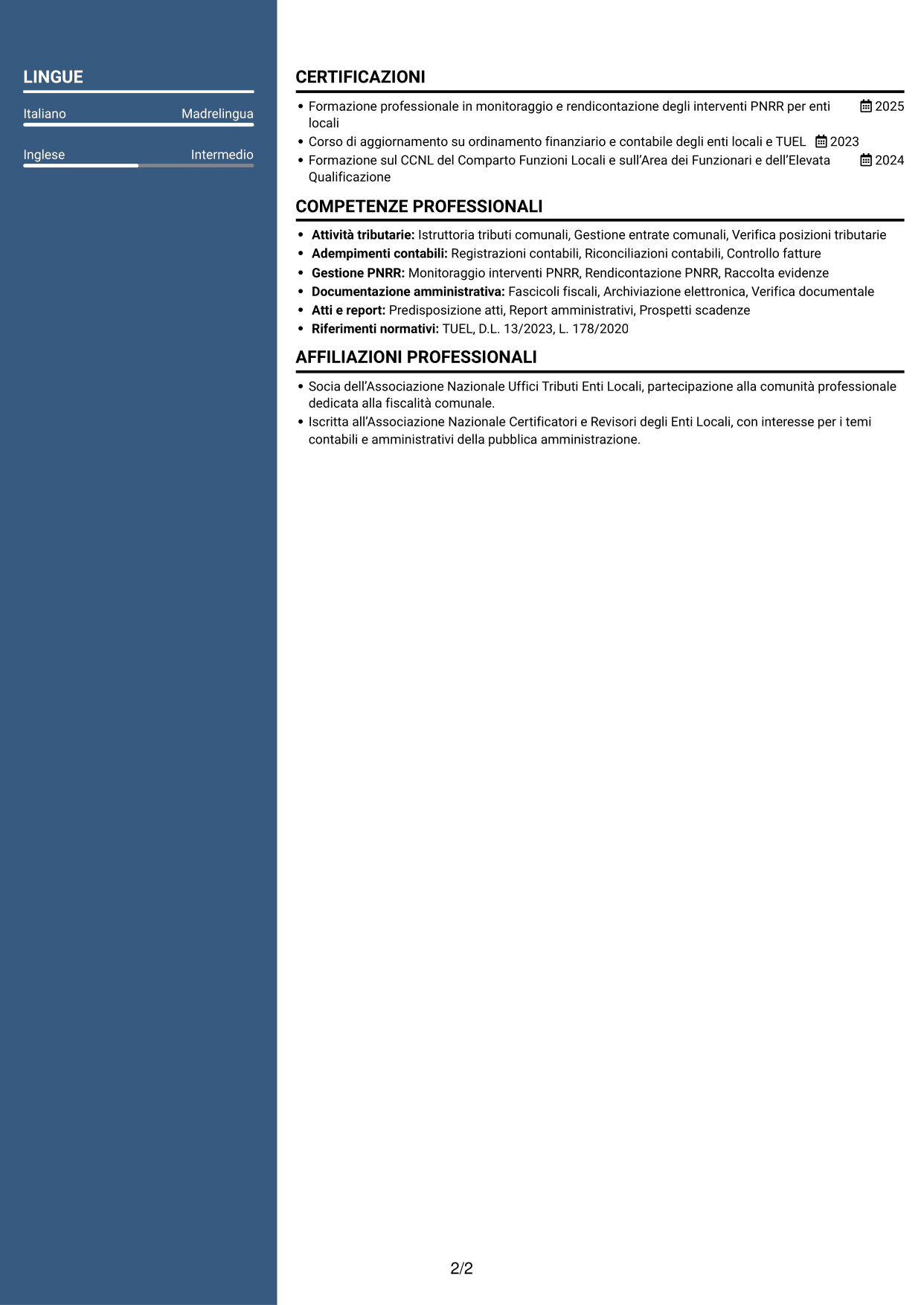 CV Signature (formato con colonna laterale colorata e foto grande): Funzionario amministrativo-tributario - Tributi e gestione PNRR, pagina 2