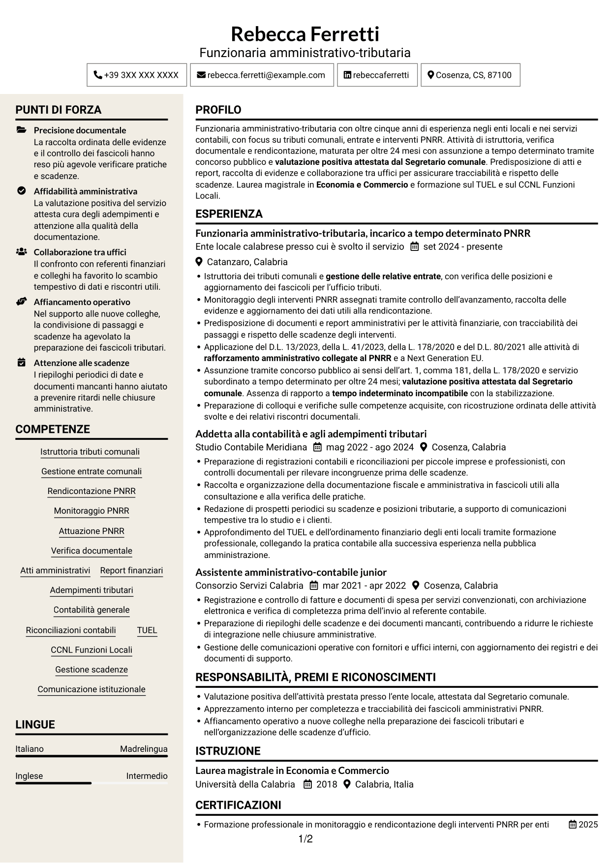 CV Intraprendente (formato a due colonne con intestazione centrata senza foto): Funzionario amministrativo-tributario - Tributi e gestione PNRR, pagina 1