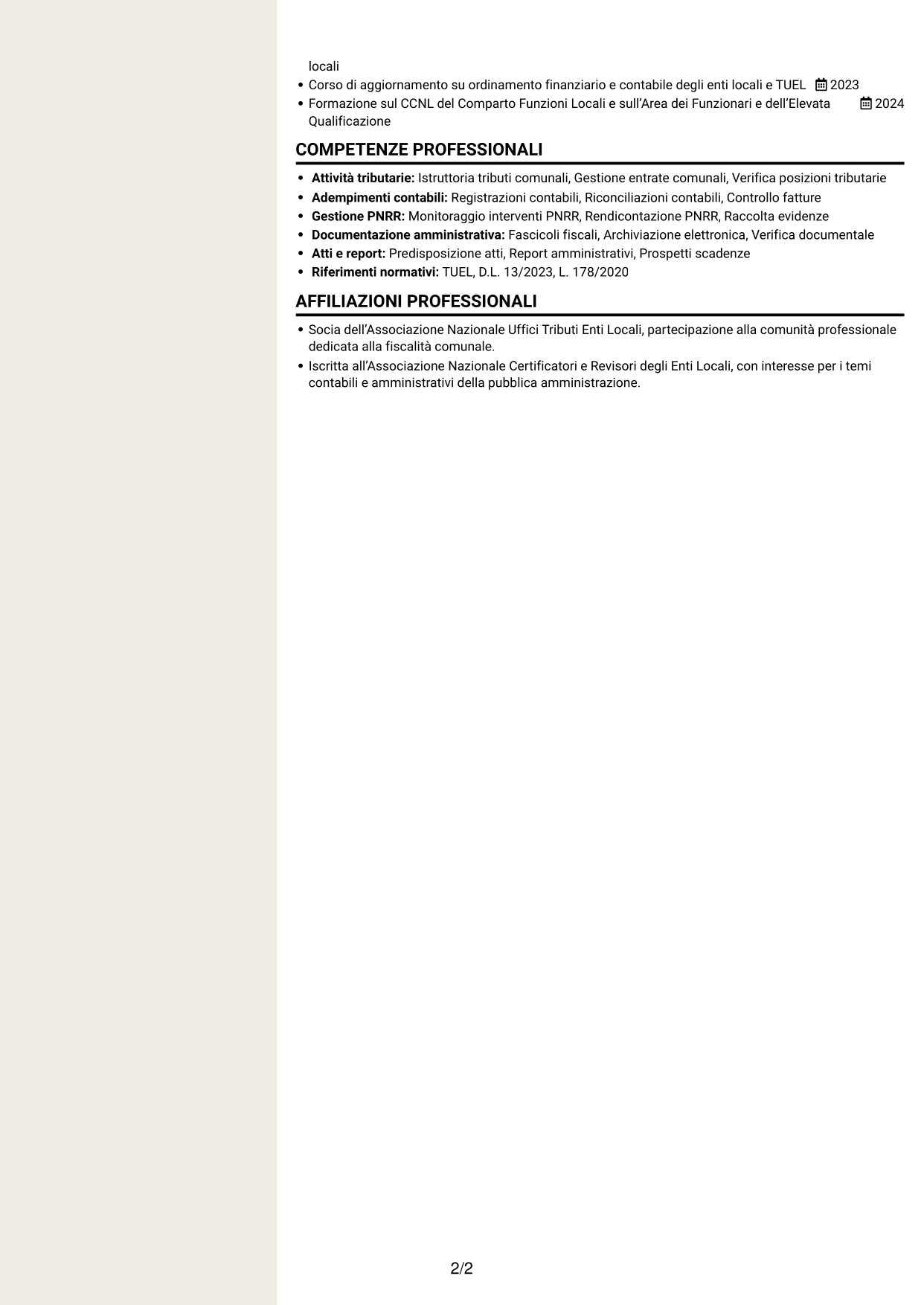 CV Intraprendente (formato a due colonne con intestazione centrata senza foto): Funzionario amministrativo-tributario - Tributi e gestione PNRR, pagina 2