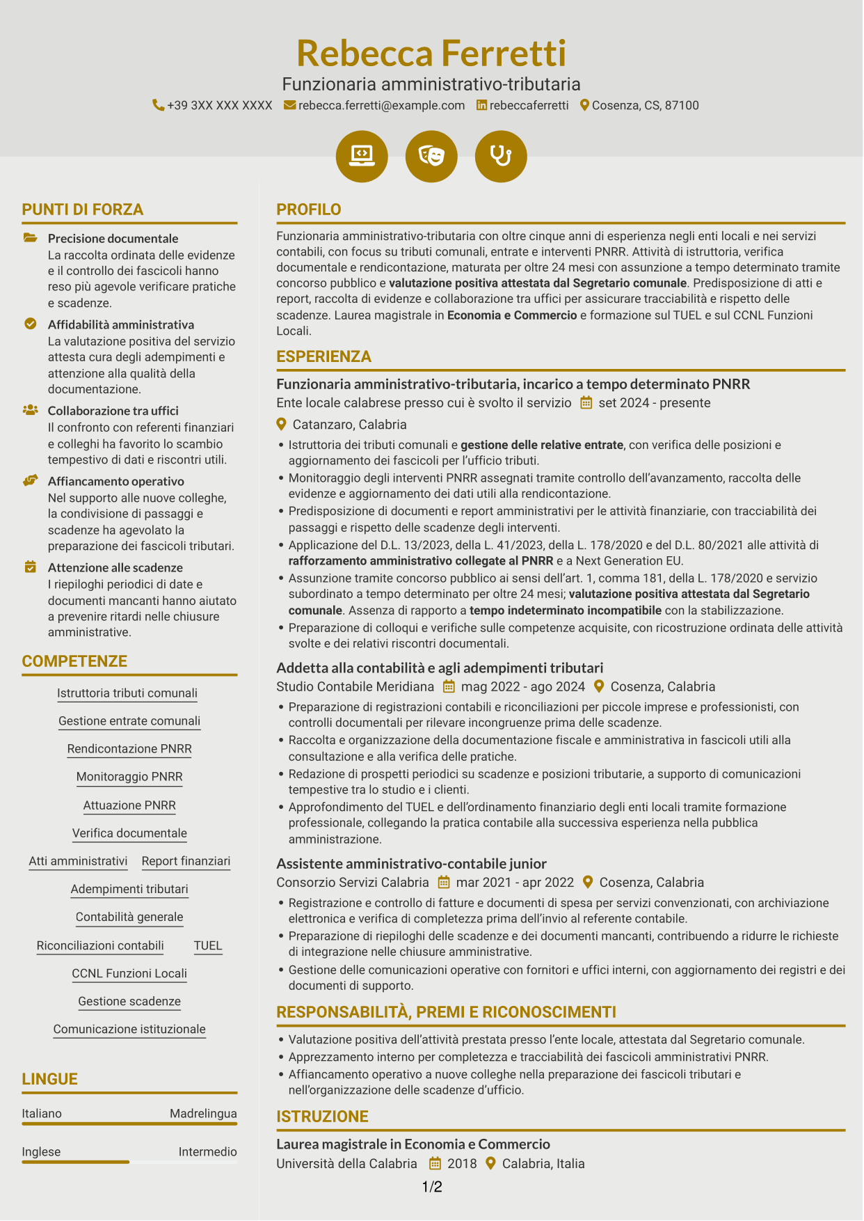 CV Dinamico (formato a due colonne con icone): Funzionario amministrativo-tributario - Tributi e gestione PNRR, pagina 1