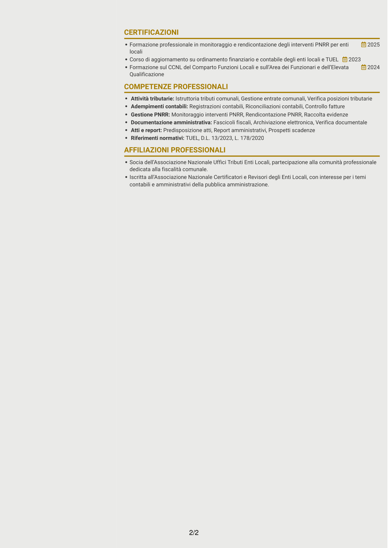 CV Dinamico (formato a due colonne con icone): Funzionario amministrativo-tributario - Tributi e gestione PNRR, pagina 2