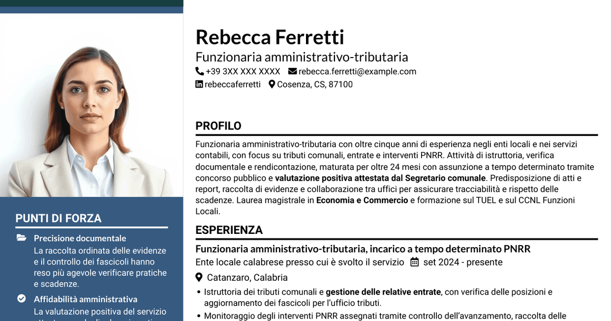 7 modelli di CV per Funzionario amministrativo-tributario - Tributi e gestione PNRR, con esempi