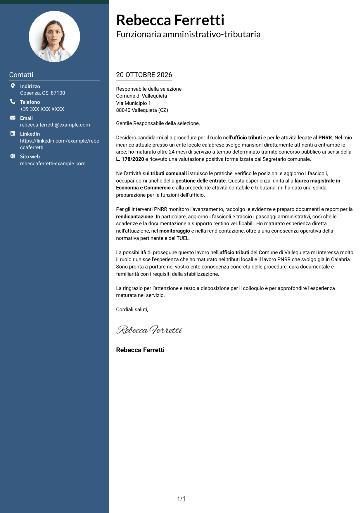 Lettera di presentazione Elegante (formato con colonna laterale colorata e foto): Funzionario amministrativo-tributario - Tributi e gestione PNRR, pagina 1