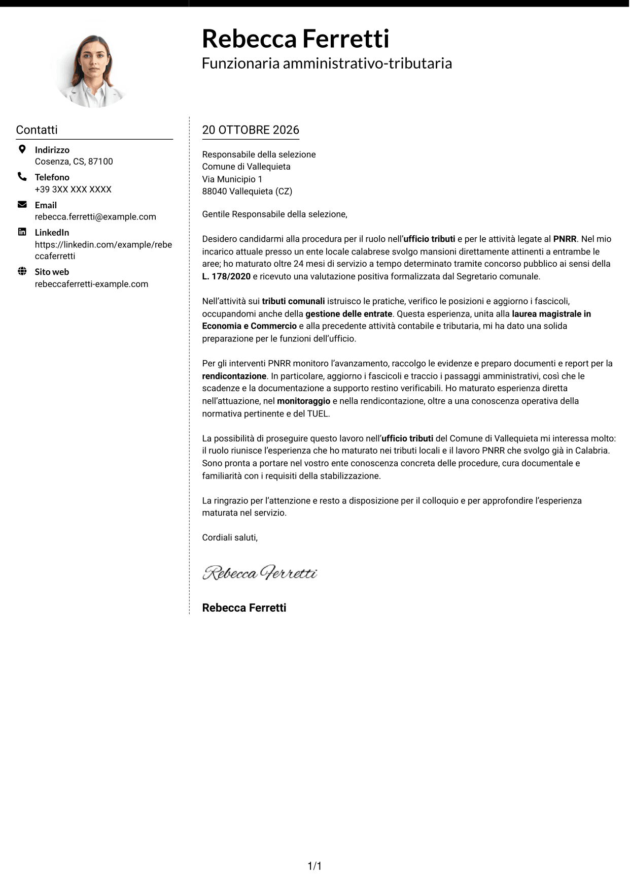 Lettera di presentazione Moderno (formato a due colonne con foto a sinistra e separatore): Funzionario amministrativo-tributario - Tributi e gestione PNRR, pagina 1