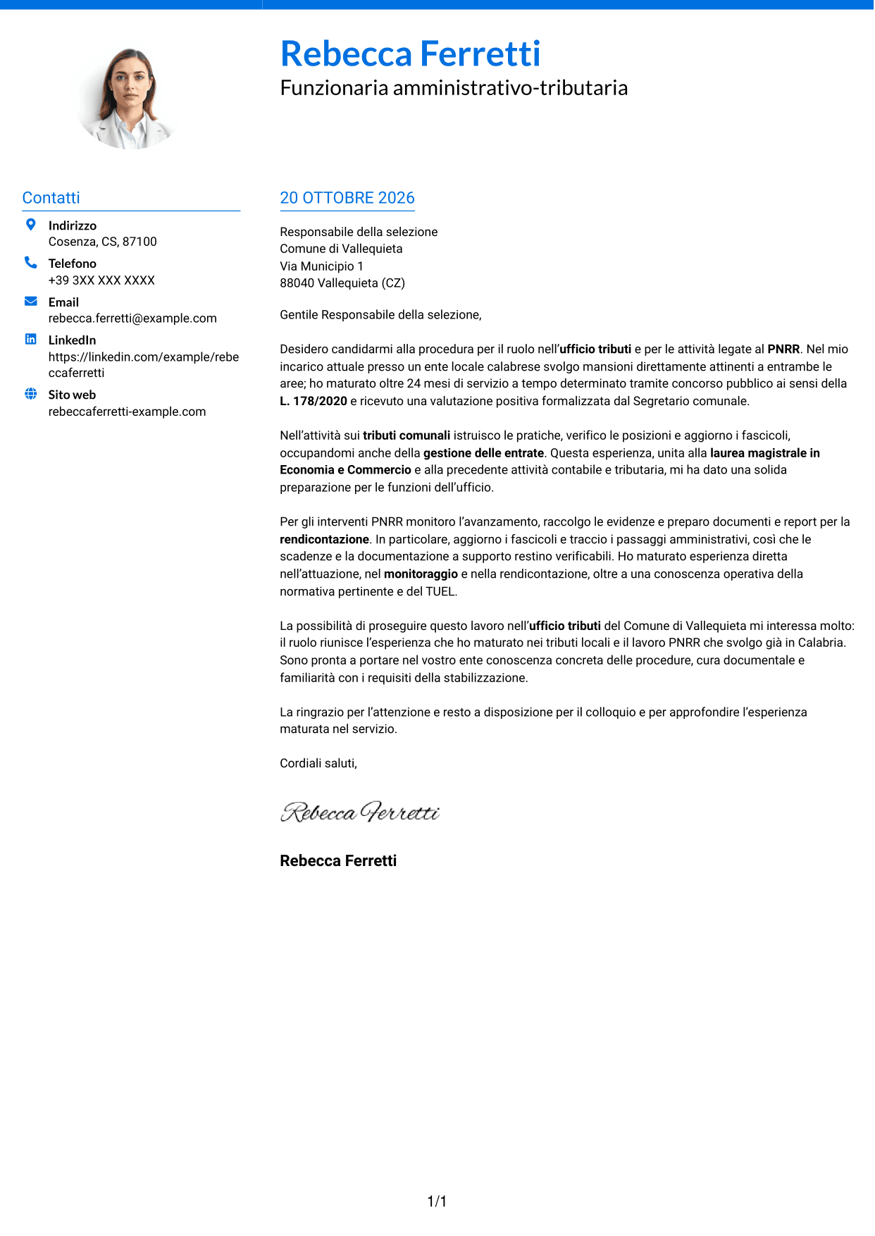 Lettera di presentazione Audace (formato a due colonne con accenti colorati e foto): Funzionario amministrativo-tributario - Tributi e gestione PNRR, pagina 1