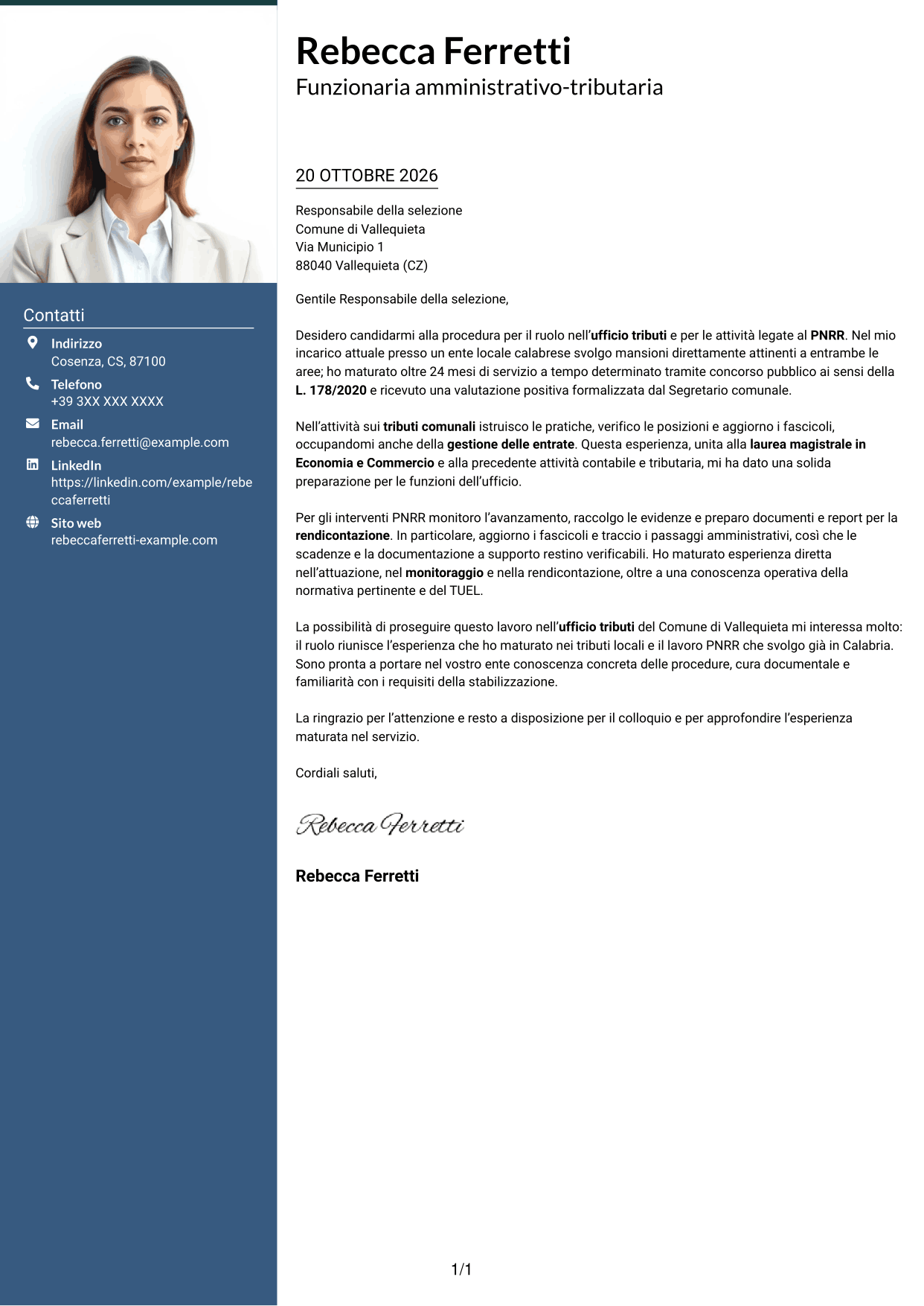 Lettera di presentazione Signature (formato con colonna laterale colorata e foto grande): Funzionario amministrativo-tributario - Tributi e gestione PNRR, pagina 1