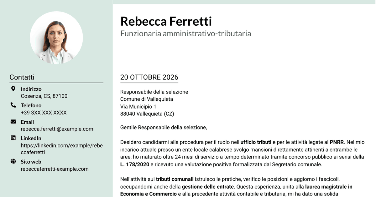 7 modelli di lettera di presentazione per Funzionario amministrativo-tributario - Tributi e gestione PNRR, con esempi