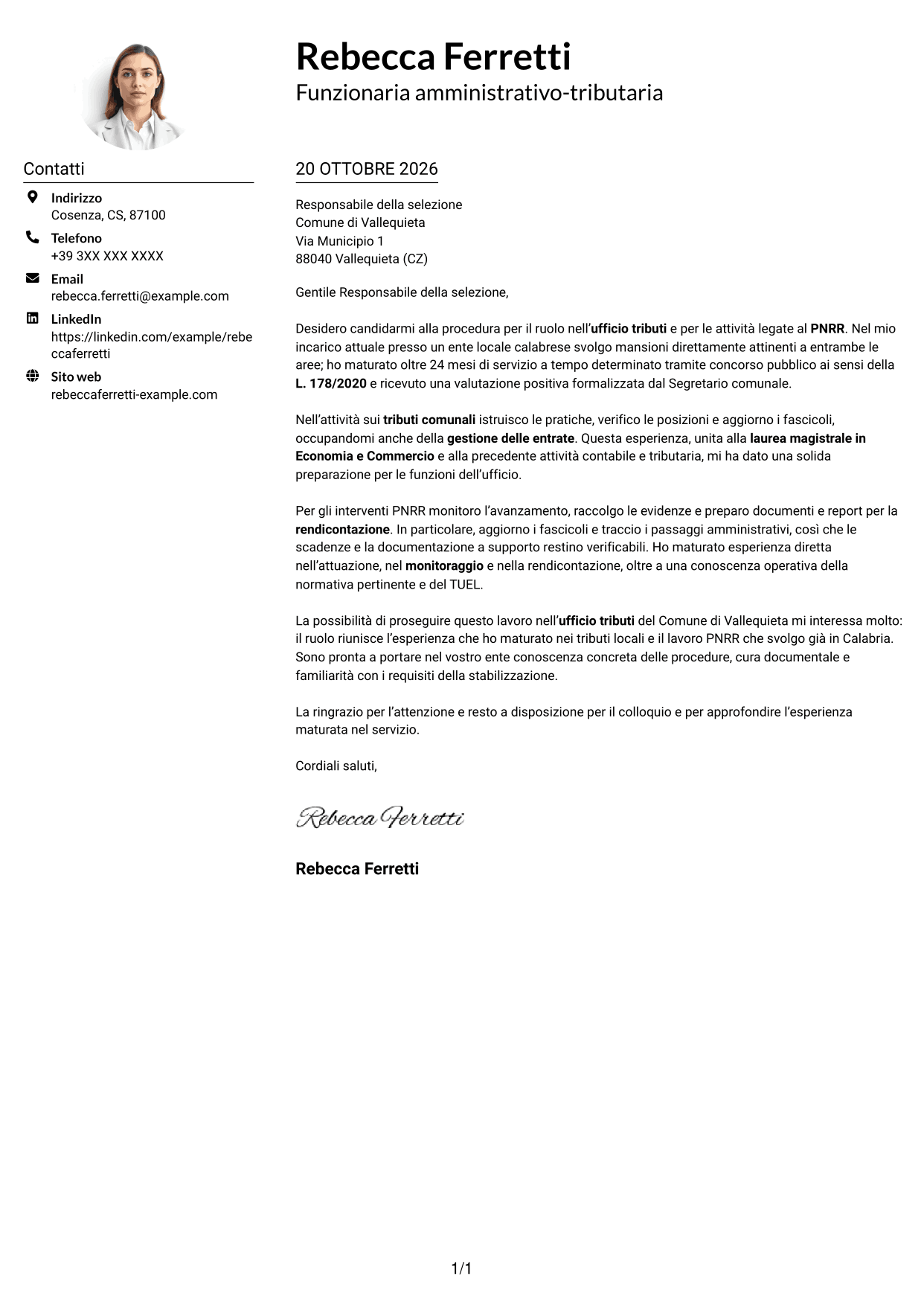 Esempio di lettera di presentazione — pagina 1