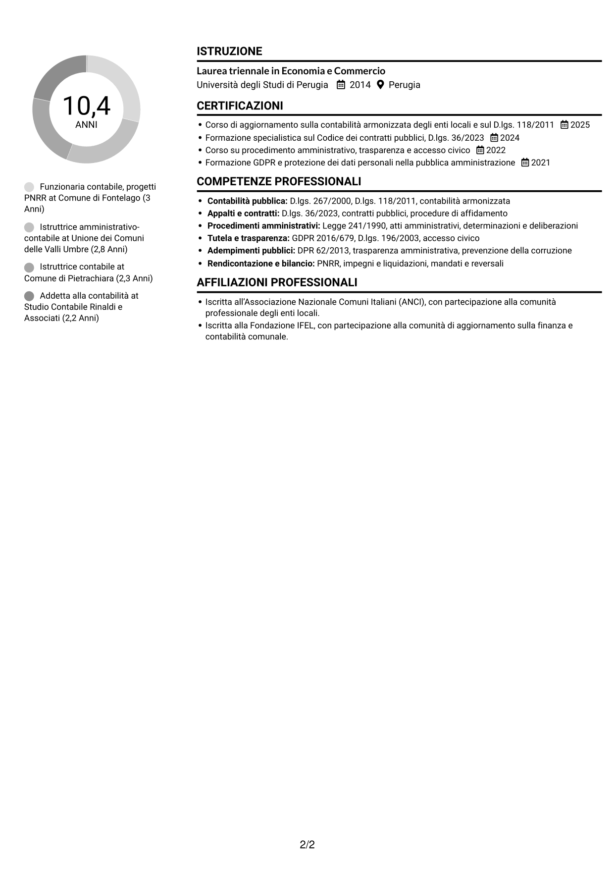 CV Compatto (formato sobrio a due colonne con foto): Funzionario Contabile - Contabilità degli enti locali, pagina 2