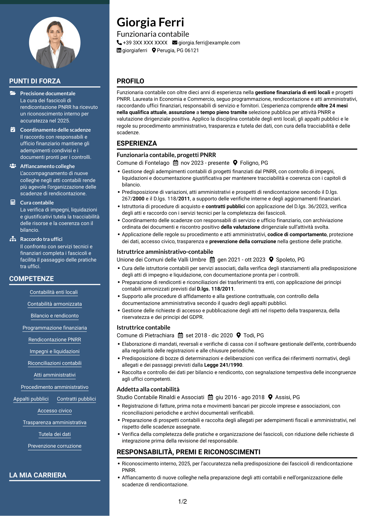 CV Elegante (formato con colonna laterale colorata e foto): Funzionario Contabile - Contabilità degli enti locali, pagina 1