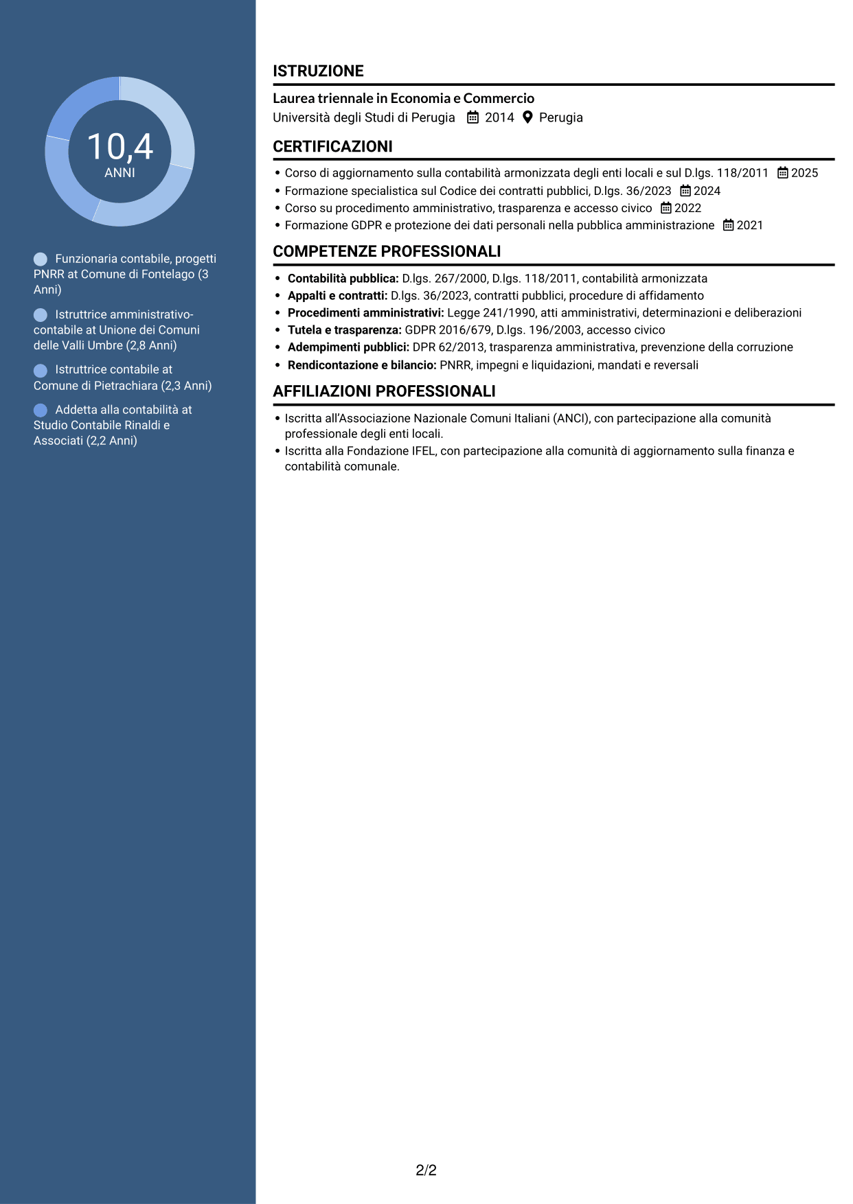 CV Elegante (formato con colonna laterale colorata e foto): Funzionario Contabile - Contabilità degli enti locali, pagina 2