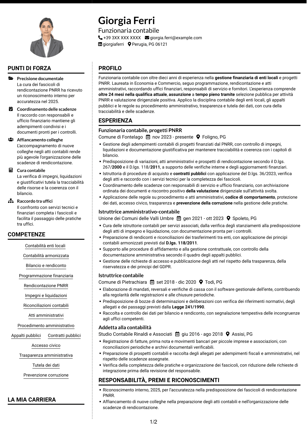 CV Moderno (formato a due colonne con foto a sinistra e separatore): Funzionario Contabile - Contabilità degli enti locali, pagina 1