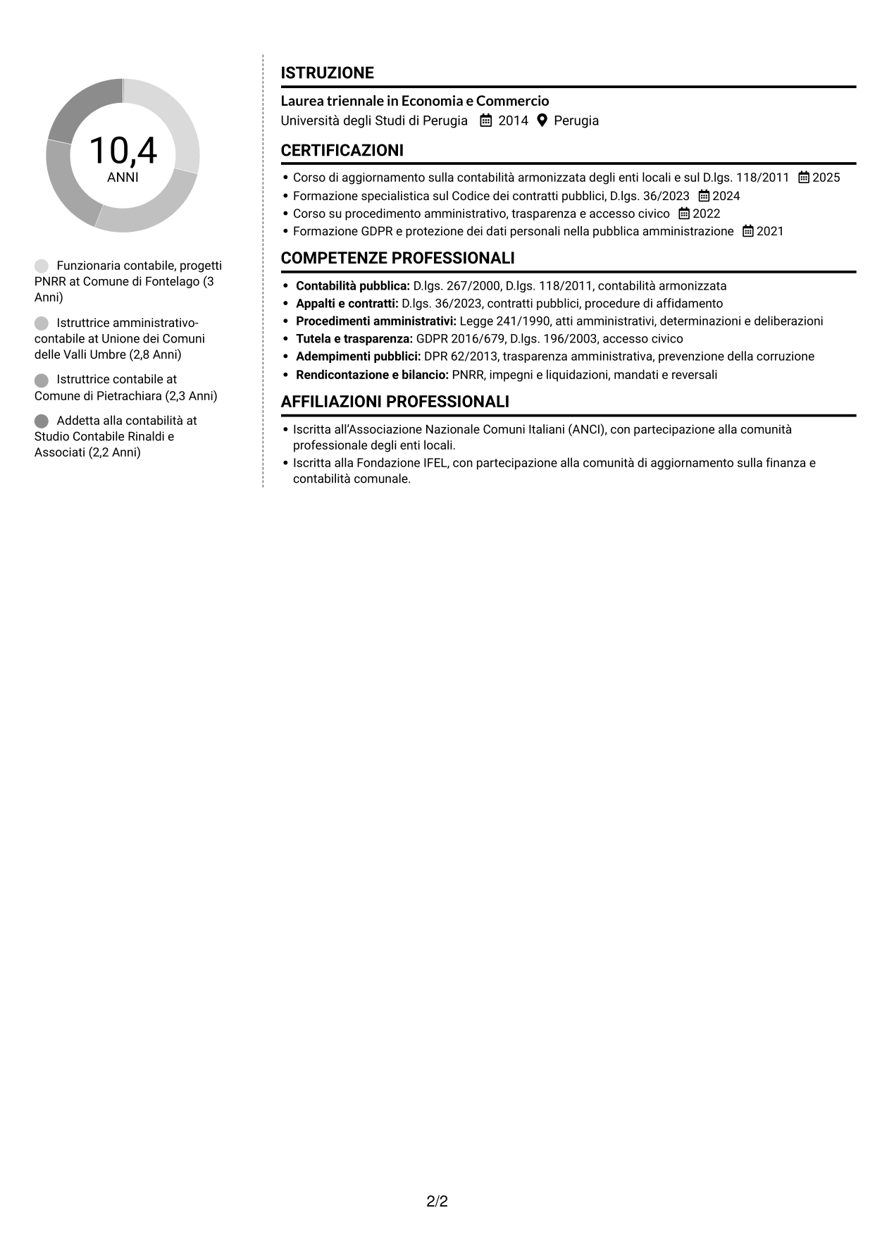 CV Moderno (formato a due colonne con foto a sinistra e separatore): Funzionario Contabile - Contabilità degli enti locali, pagina 2