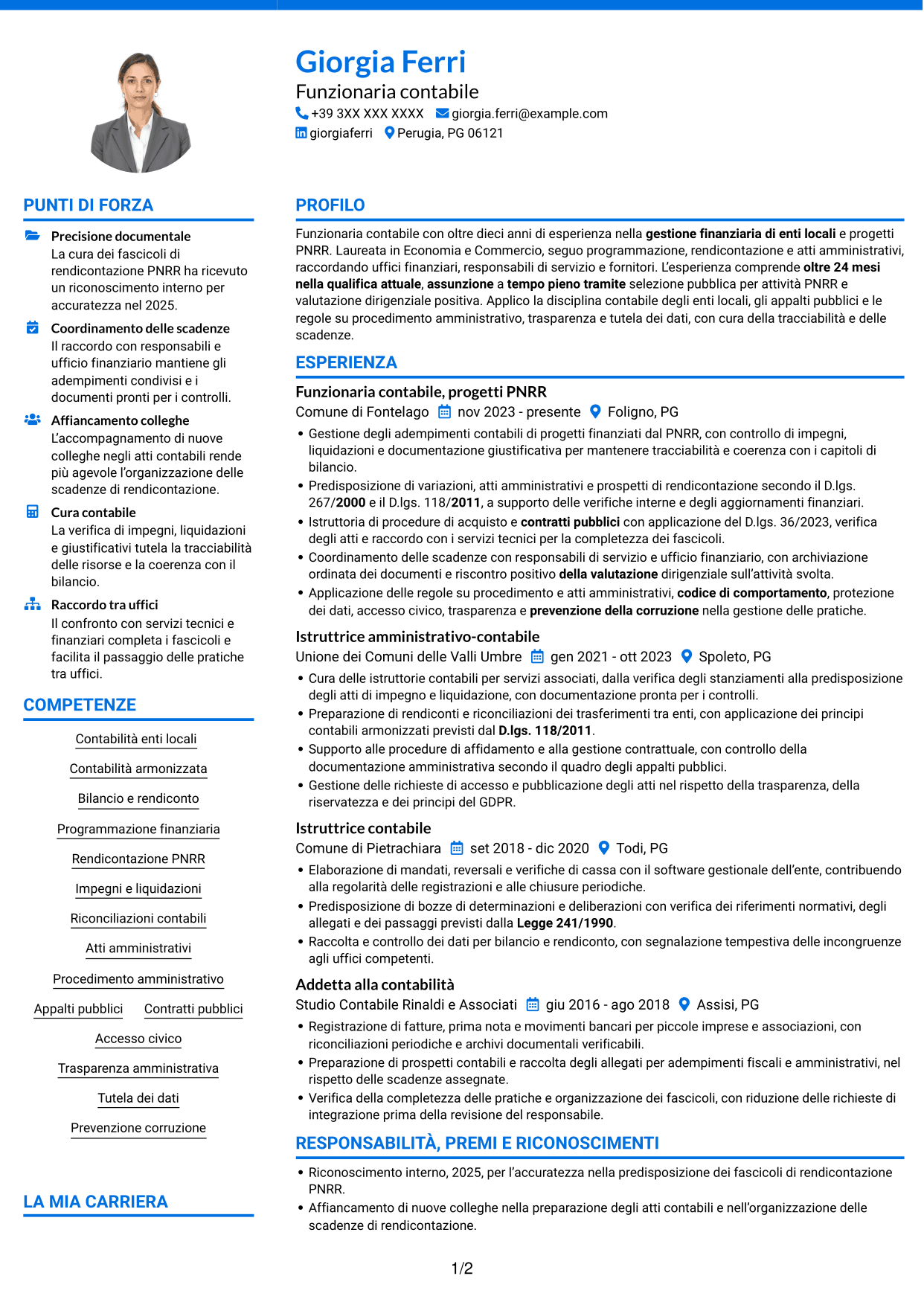 CV Audace (formato a due colonne con accenti colorati e foto): Funzionario Contabile - Contabilità degli enti locali, pagina 1