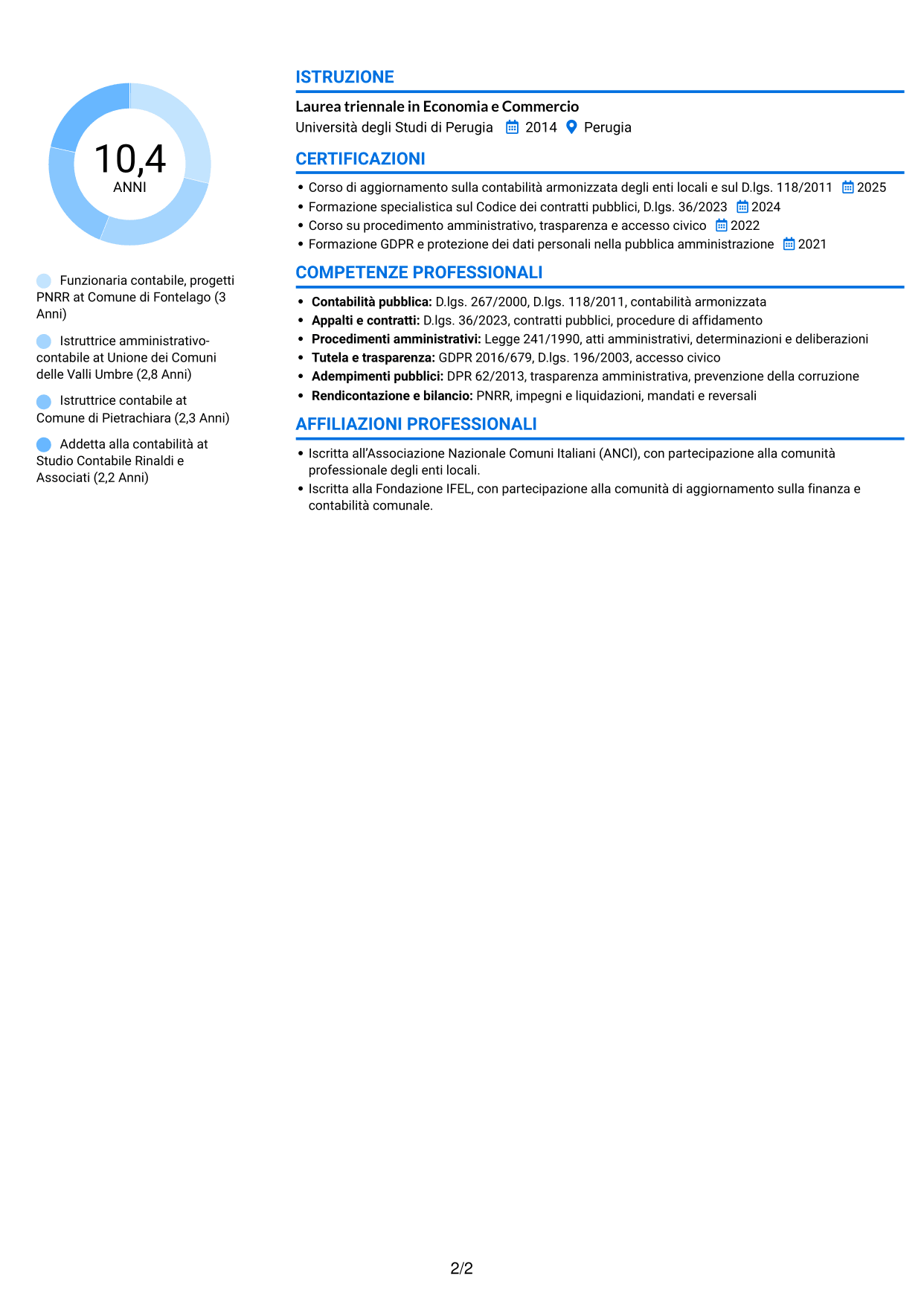 CV Audace (formato a due colonne con accenti colorati e foto): Funzionario Contabile - Contabilità degli enti locali, pagina 2