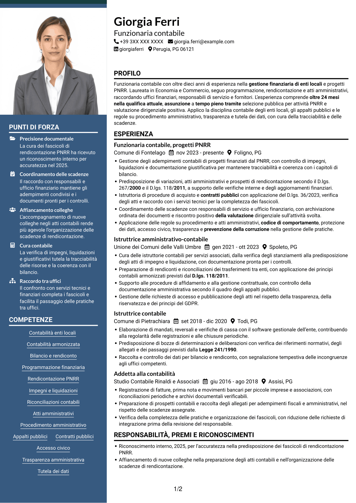 CV Signature (formato con colonna laterale colorata e foto grande): Funzionario Contabile - Contabilità degli enti locali, pagina 1