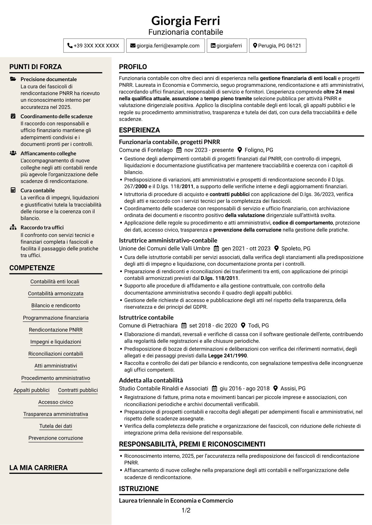 CV Intraprendente (formato a due colonne con intestazione centrata senza foto): Funzionario Contabile - Contabilità degli enti locali, pagina 1