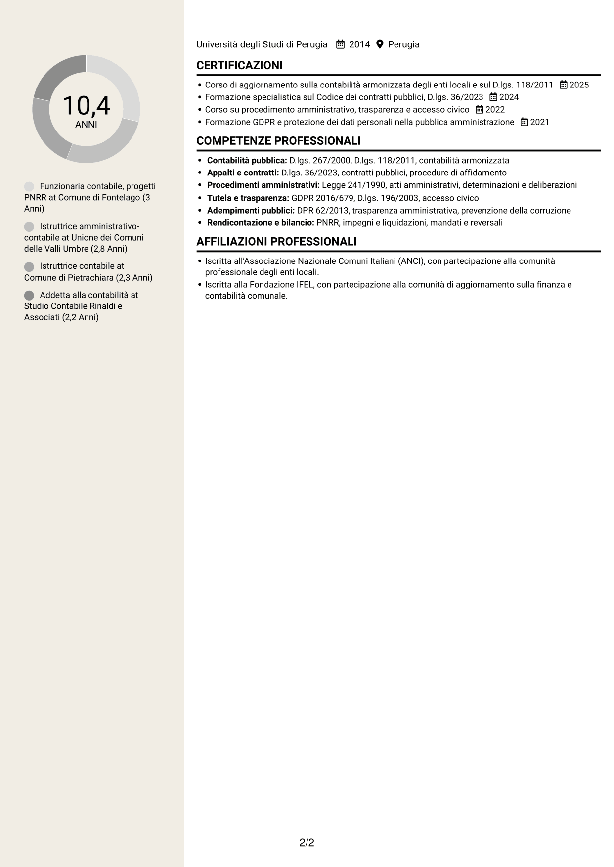 CV Intraprendente (formato a due colonne con intestazione centrata senza foto): Funzionario Contabile - Contabilità degli enti locali, pagina 2