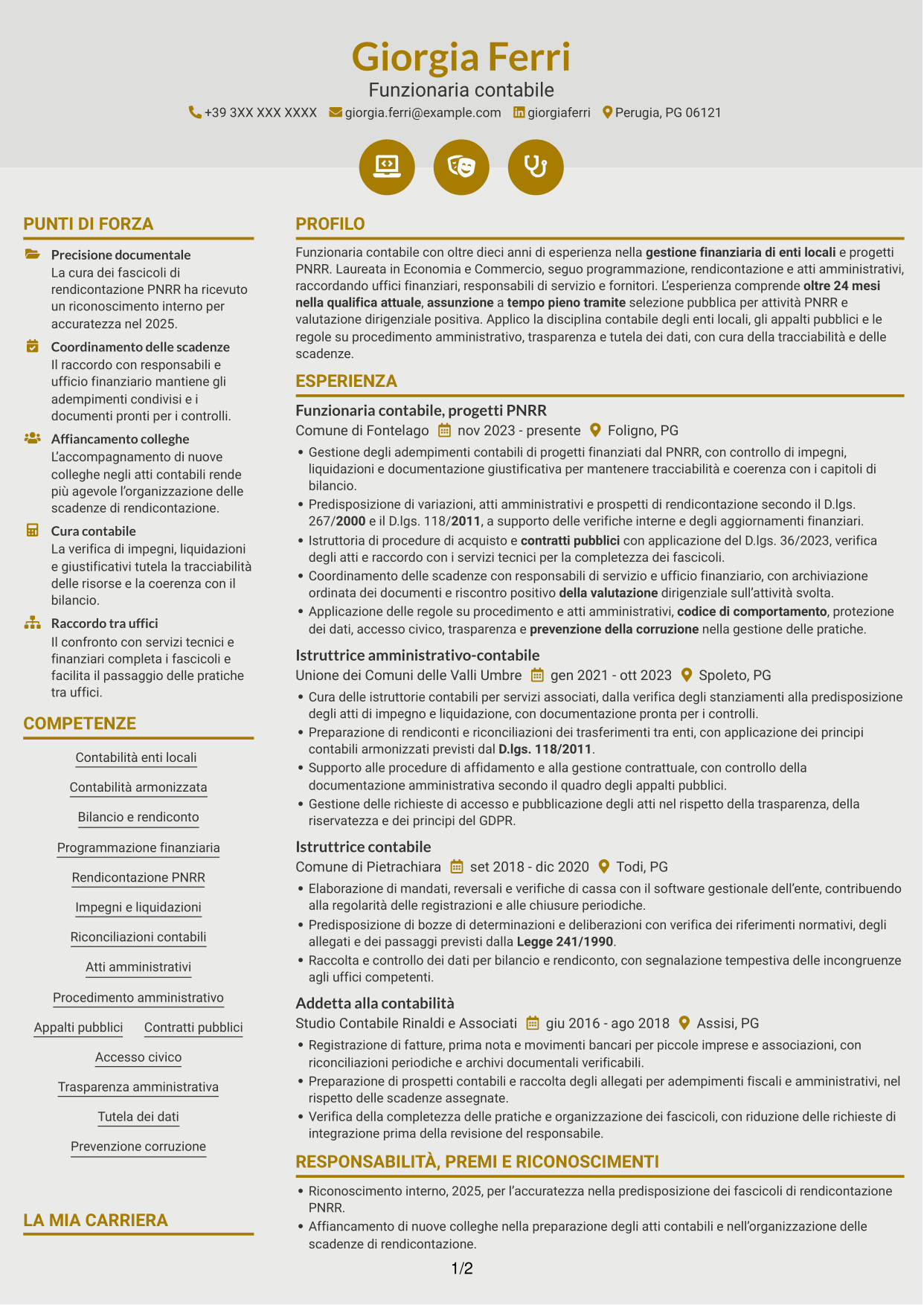 CV Dinamico (formato a due colonne con icone): Funzionario Contabile - Contabilità degli enti locali, pagina 1