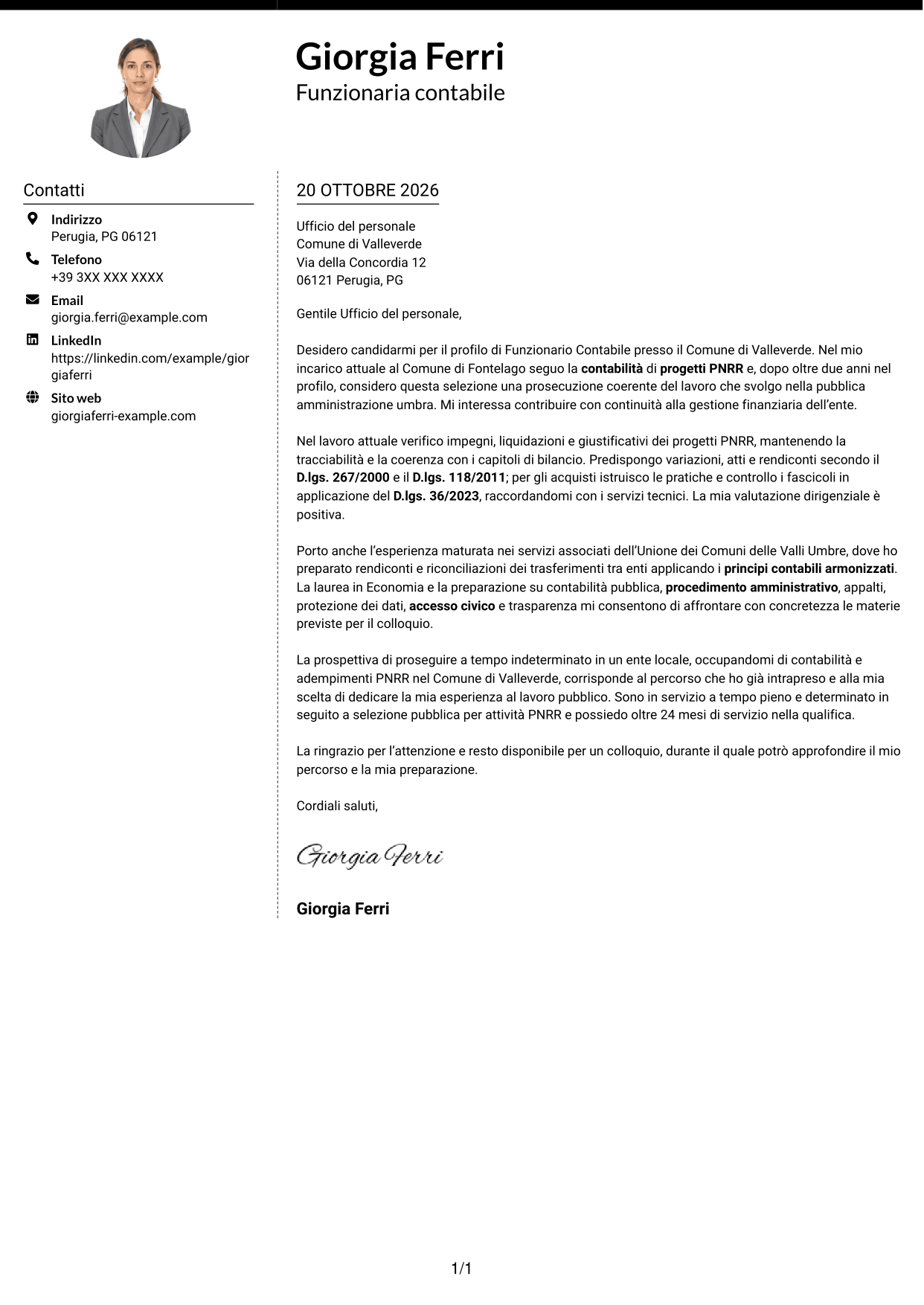 Lettera di presentazione Moderno (formato a due colonne con foto a sinistra e separatore): Funzionario Contabile - Contabilità degli enti locali, pagina 1