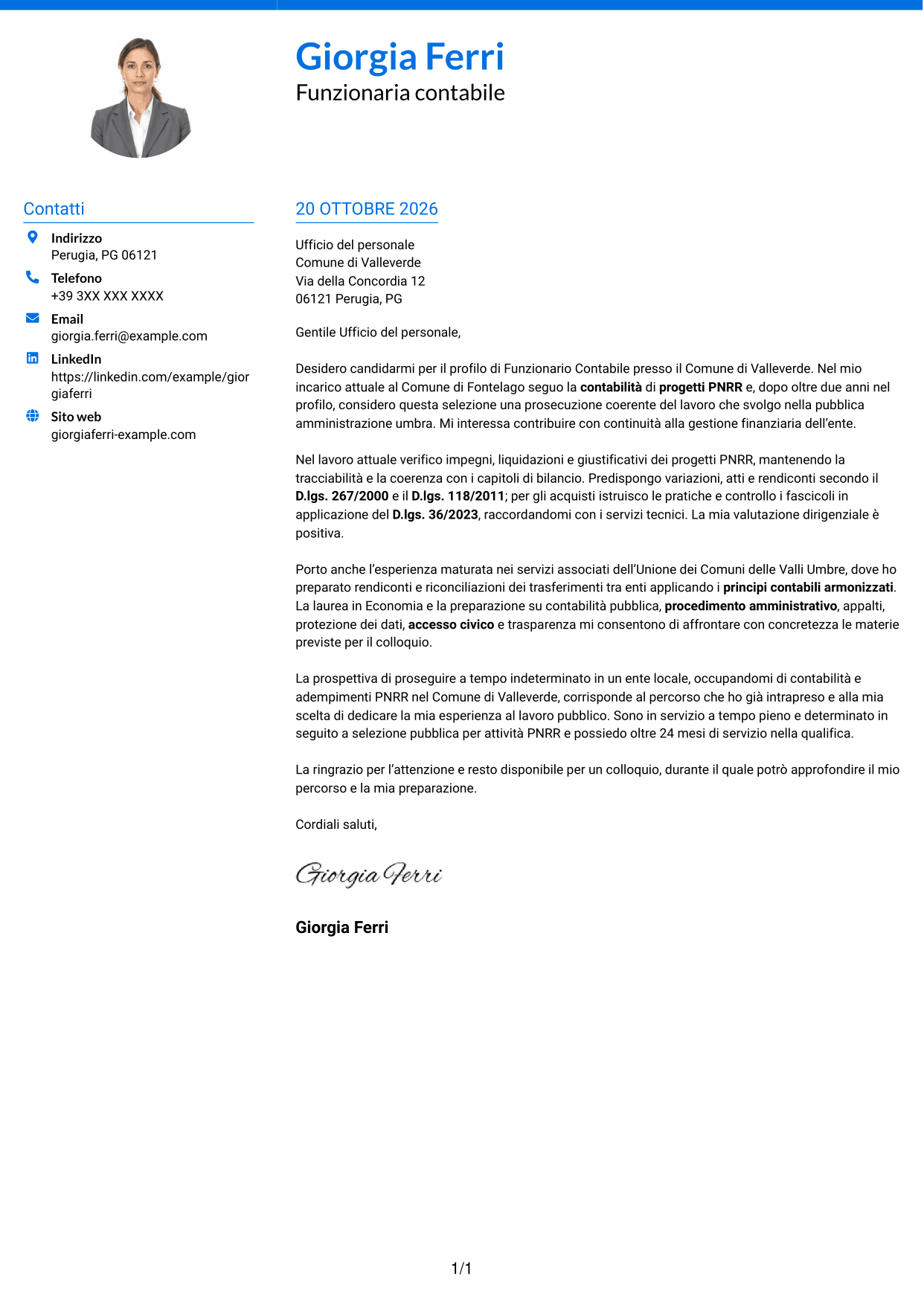 Lettera di presentazione Audace (formato a due colonne con accenti colorati e foto): Funzionario Contabile - Contabilità degli enti locali, pagina 1