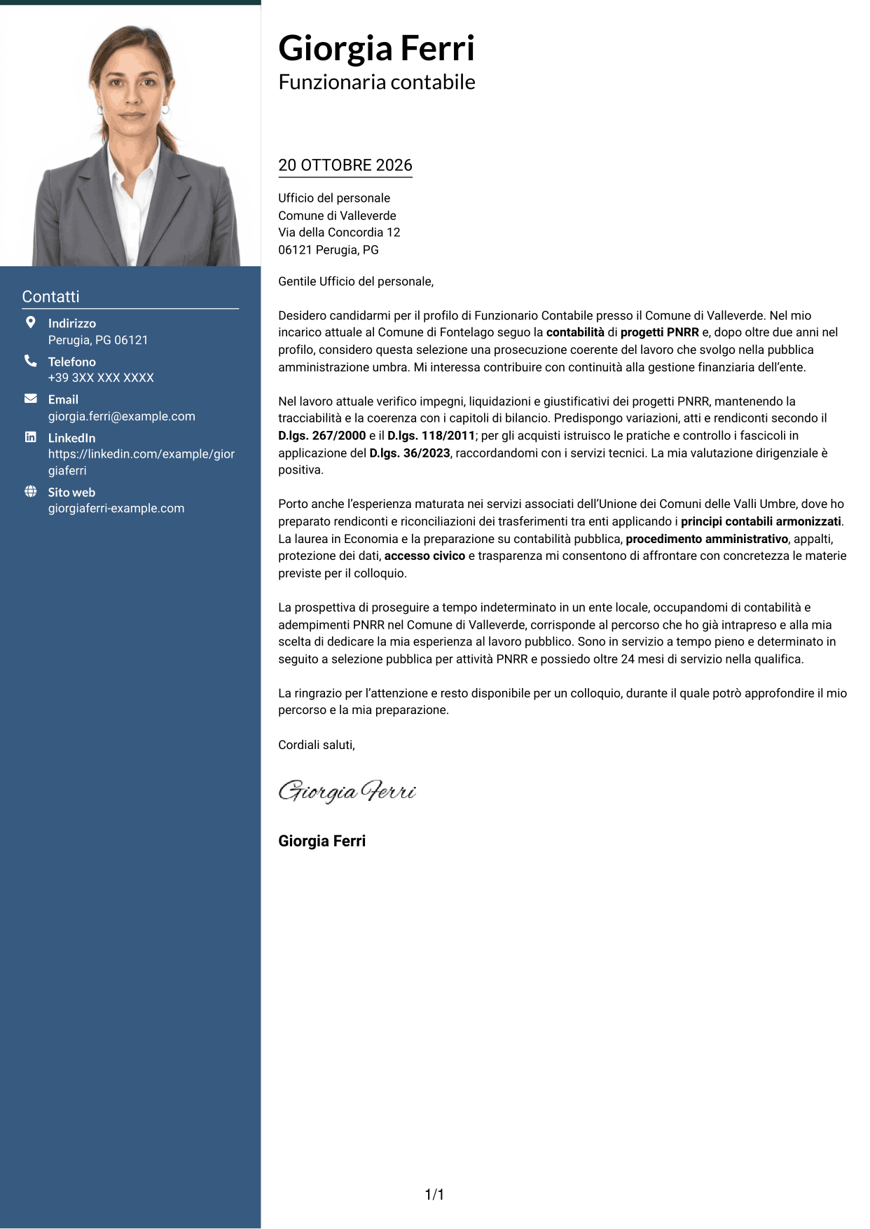 Lettera di presentazione Signature (formato con colonna laterale colorata e foto grande): Funzionario Contabile - Contabilità degli enti locali, pagina 1