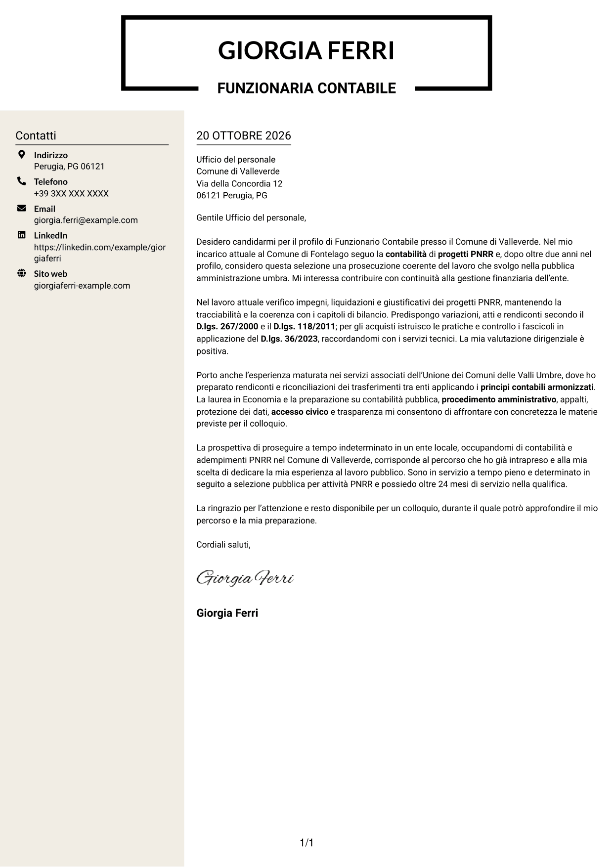 Lettera di presentazione Intraprendente (formato a due colonne con intestazione centrata senza foto): Funzionario Contabile - Contabilità degli enti locali, pagina 1