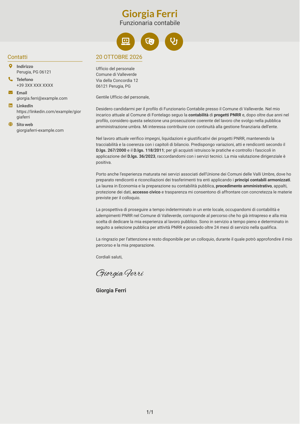 Lettera di presentazione Dinamico (formato a due colonne con icone): Funzionario Contabile - Contabilità degli enti locali, pagina 1