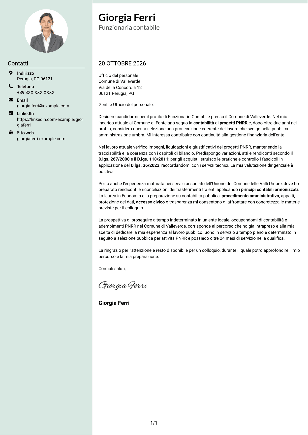 Lettera di presentazione Dirigente (formato con colonna laterale tenue e foto arrotondata): Funzionario Contabile - Contabilità degli enti locali, pagina 1