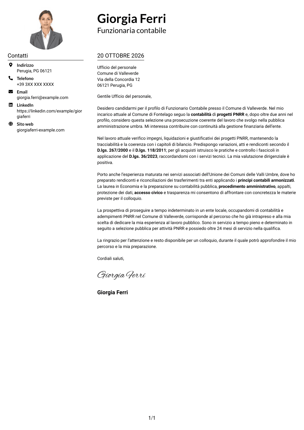 Esempio di lettera di presentazione — pagina 1