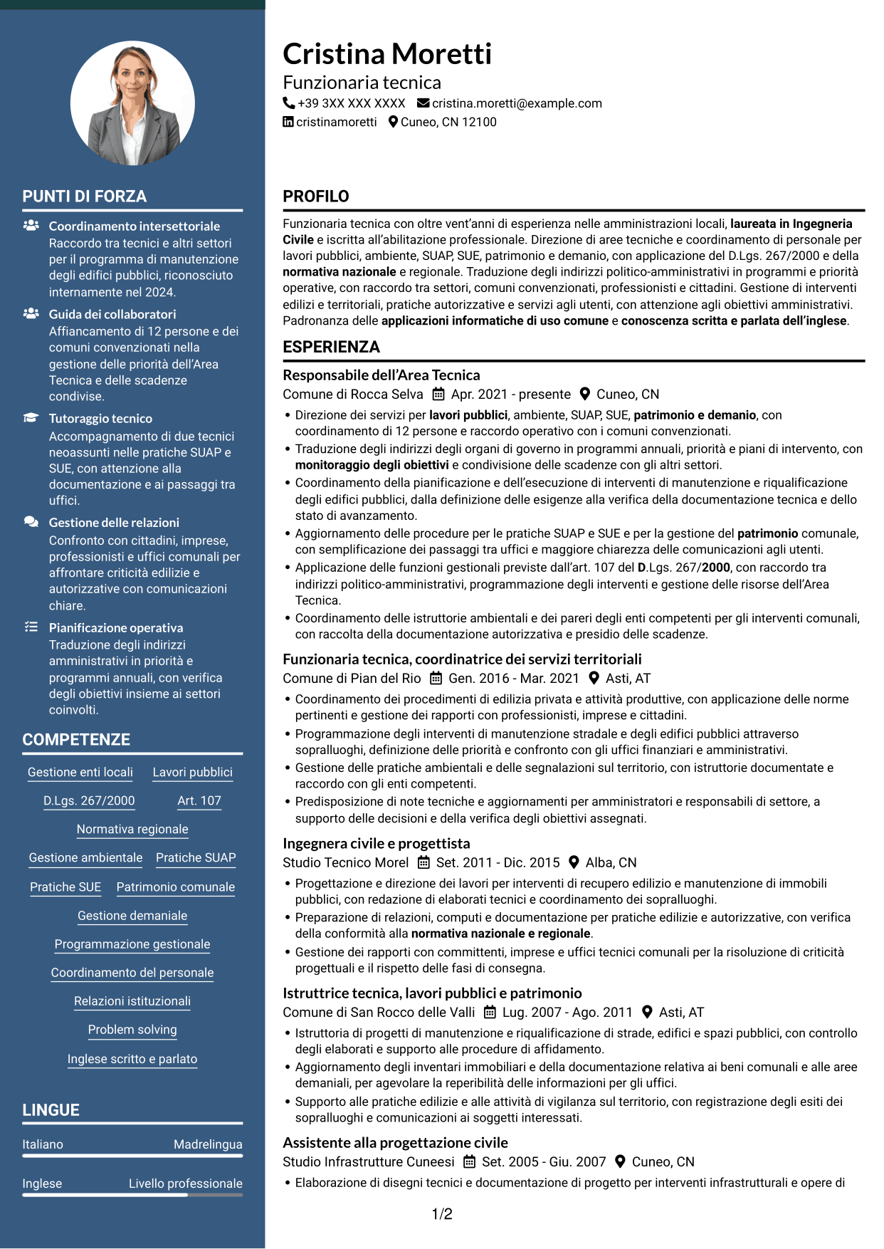 CV Elegante (formato con colonna laterale colorata e foto): Funzionario di Elevata Qualificazione - Gestione tecnica degli enti locali, pagina 1