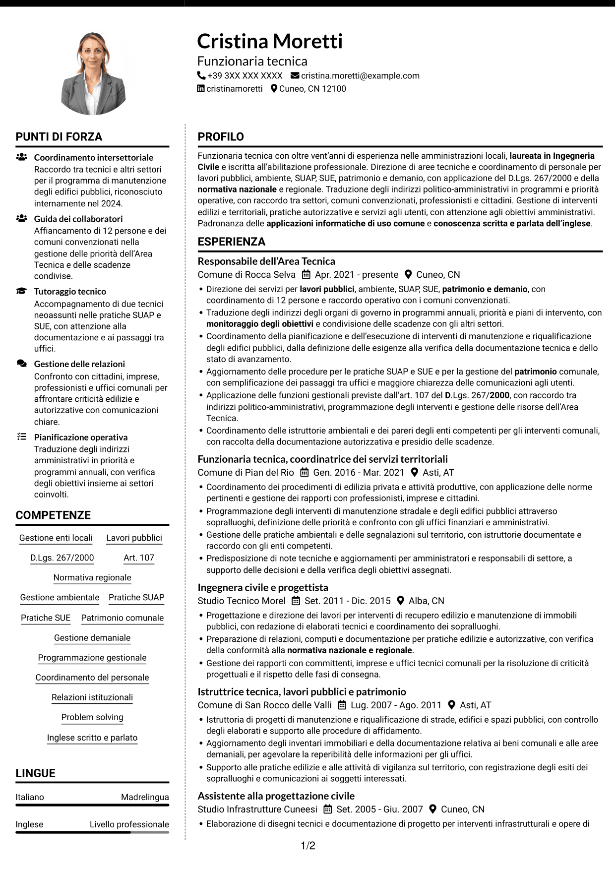 CV Moderno (formato a due colonne con foto a sinistra e separatore): Funzionario di Elevata Qualificazione - Gestione tecnica degli enti locali, pagina 1