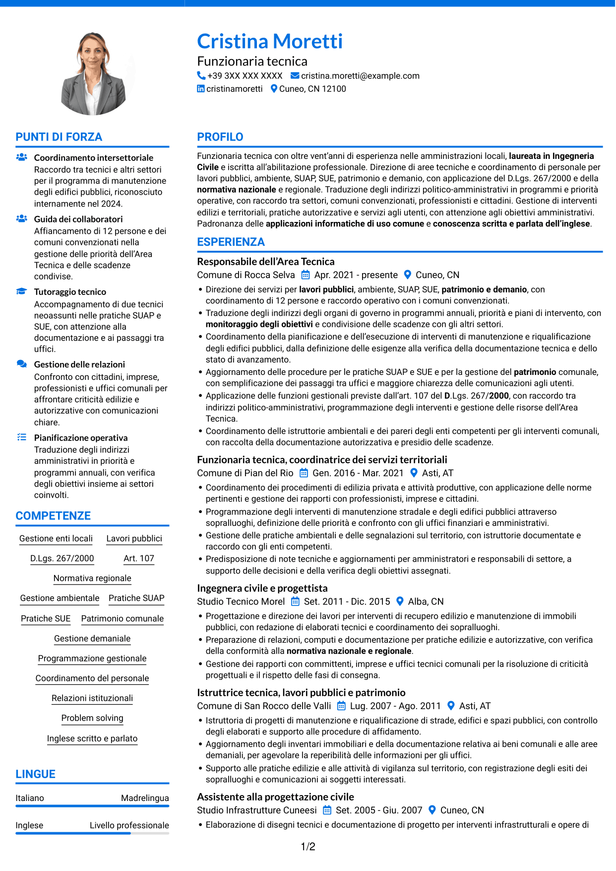 CV Audace (formato a due colonne con accenti colorati e foto): Funzionario di Elevata Qualificazione - Gestione tecnica degli enti locali, pagina 1
