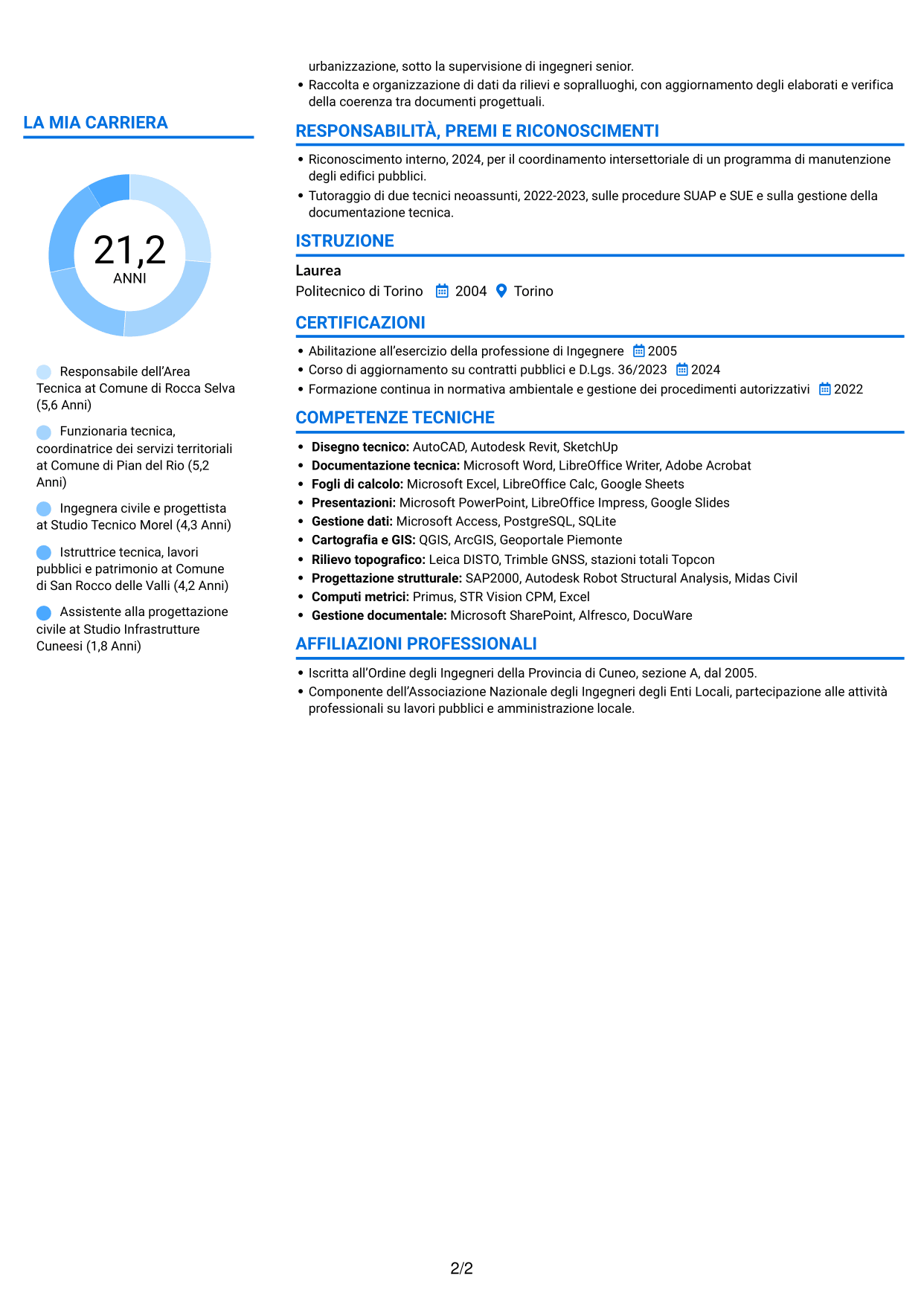 CV Audace (formato a due colonne con accenti colorati e foto): Funzionario di Elevata Qualificazione - Gestione tecnica degli enti locali, pagina 2