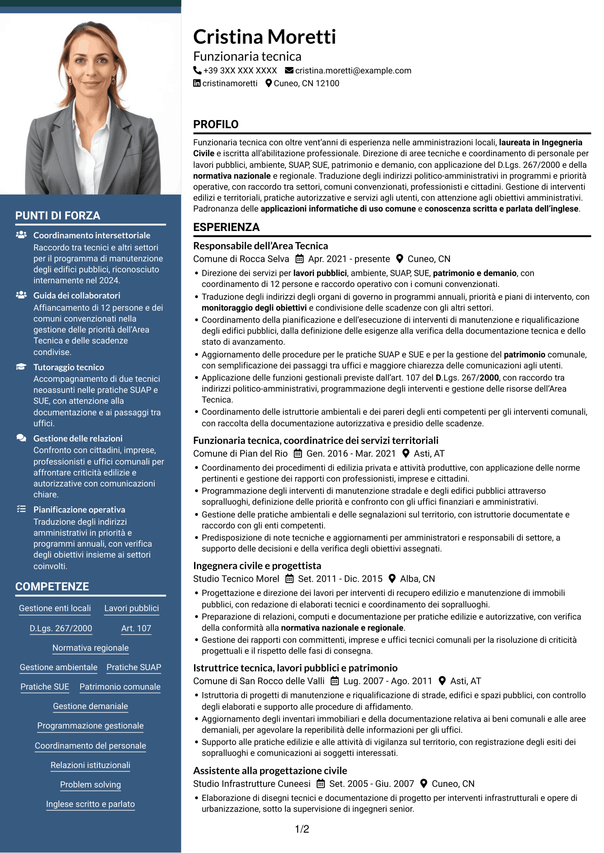 CV Signature (formato con colonna laterale colorata e foto grande): Funzionario di Elevata Qualificazione - Gestione tecnica degli enti locali, pagina 1