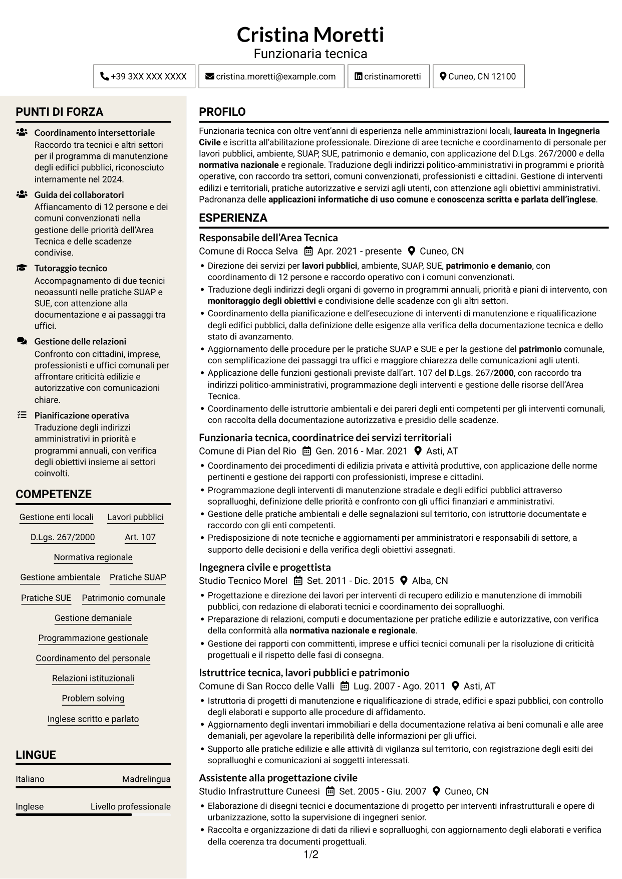 CV Intraprendente (formato a due colonne con intestazione centrata senza foto): Funzionario di Elevata Qualificazione - Gestione tecnica degli enti locali, pagina 1