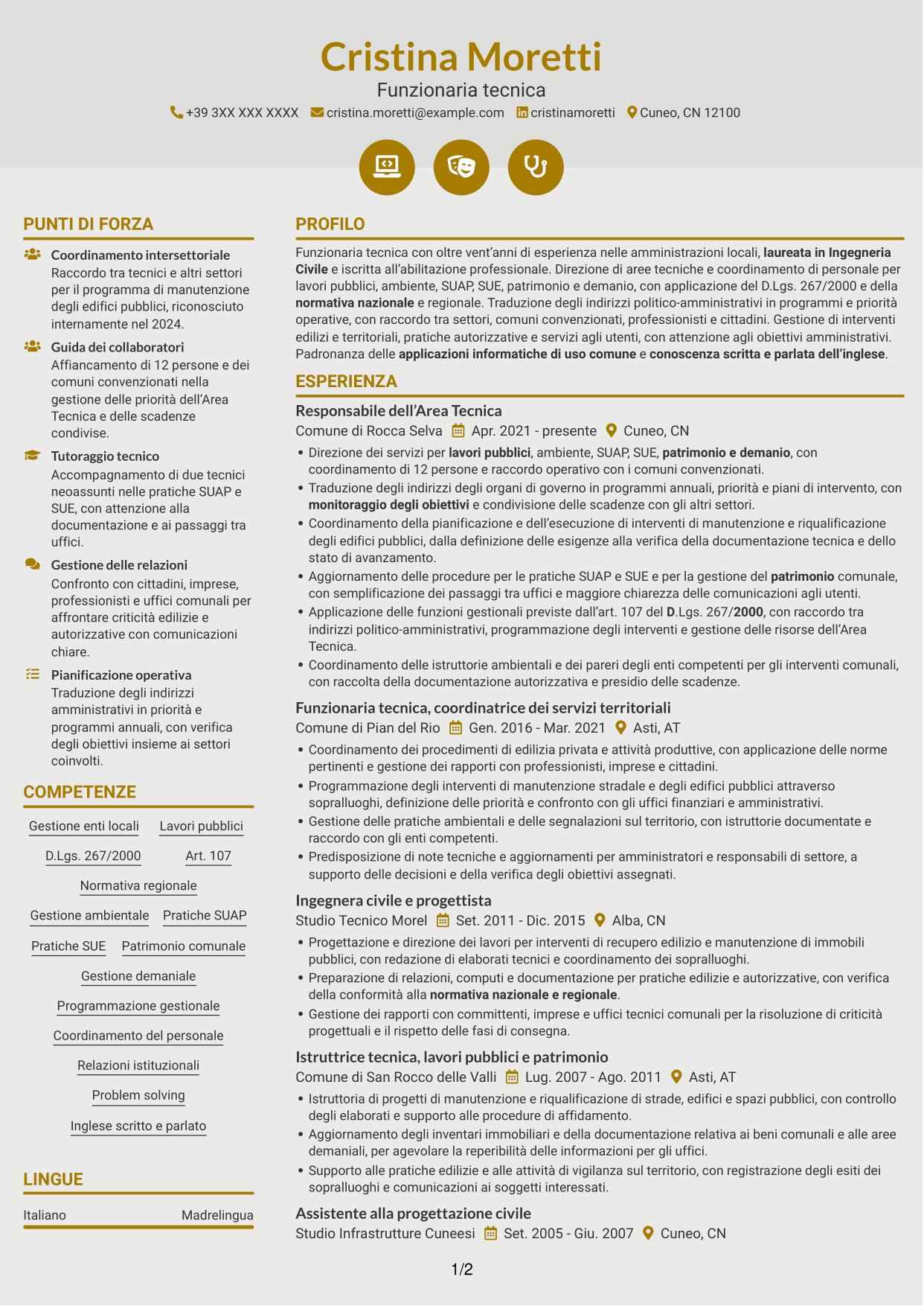 CV Dinamico (formato a due colonne con icone): Funzionario di Elevata Qualificazione - Gestione tecnica degli enti locali, pagina 1